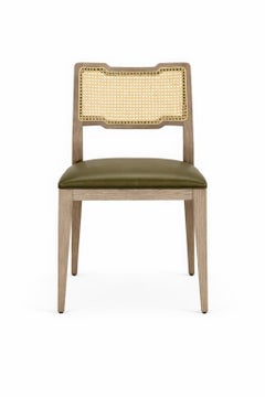 Mid-Century Modern Style Dining Chairs with Cane Backs and Olive Leather Seats