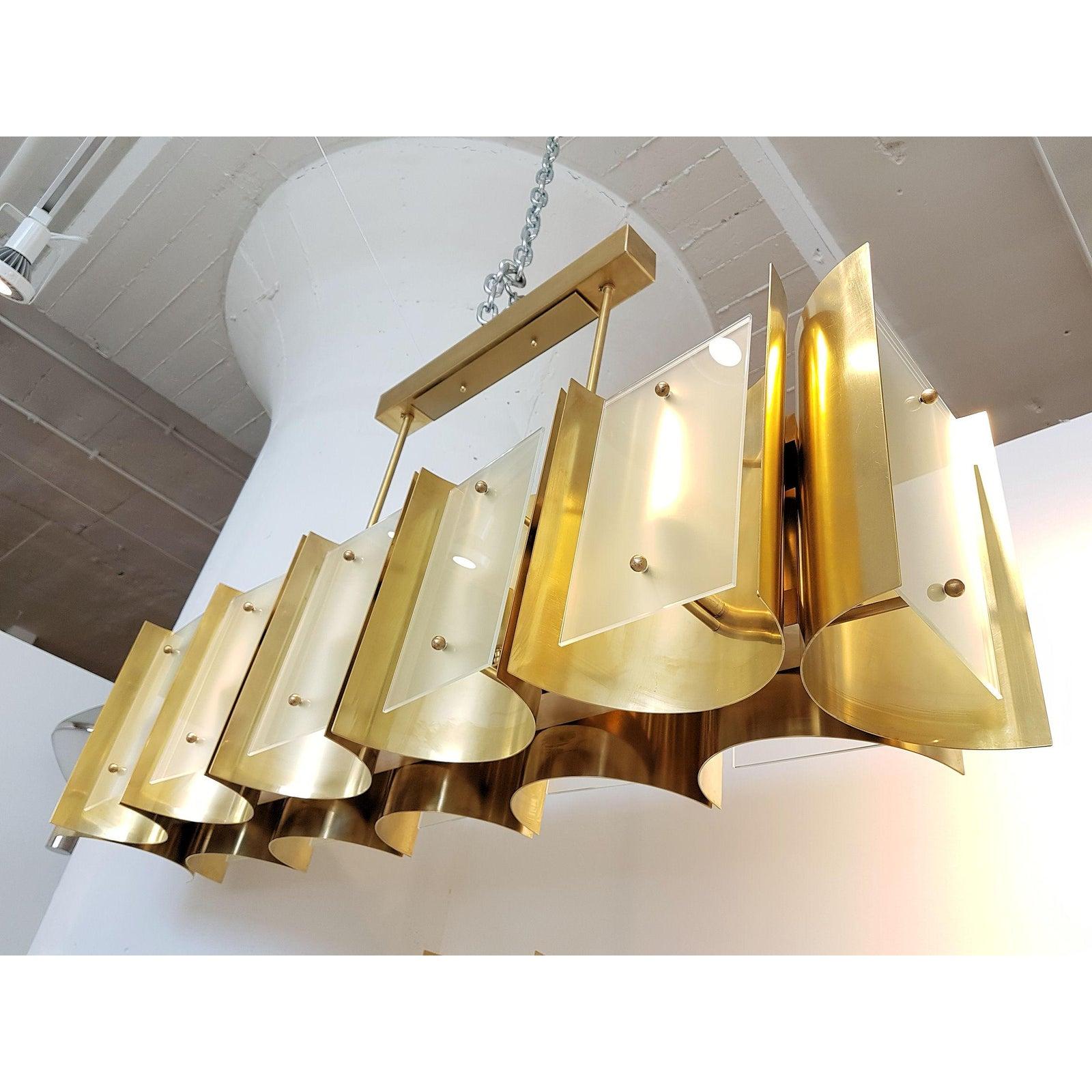 Mid-Century Modern Custom Made Brass & Frosted Glass Chandelier, by D’Lightus
