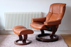 Mid-Century Modern Style Ekornes Stressless Tan Leather Recliner with Footstool