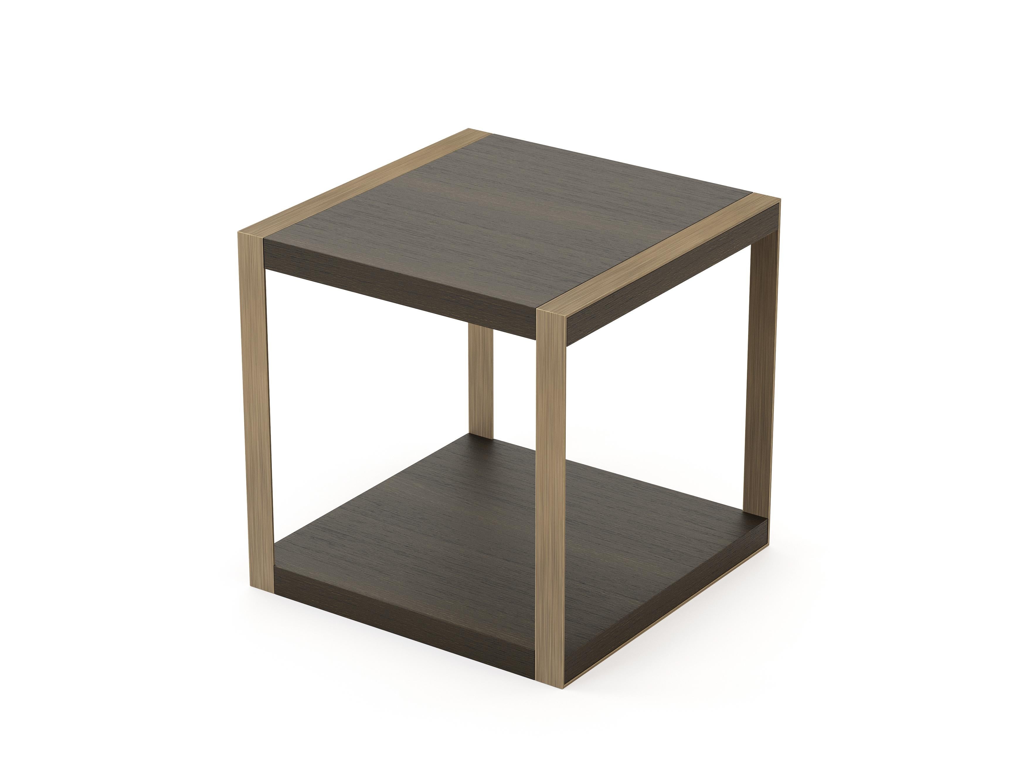 Portuguese Mid-Century Modern style Empire Side Table made with oak and brass, Handmade For Sale