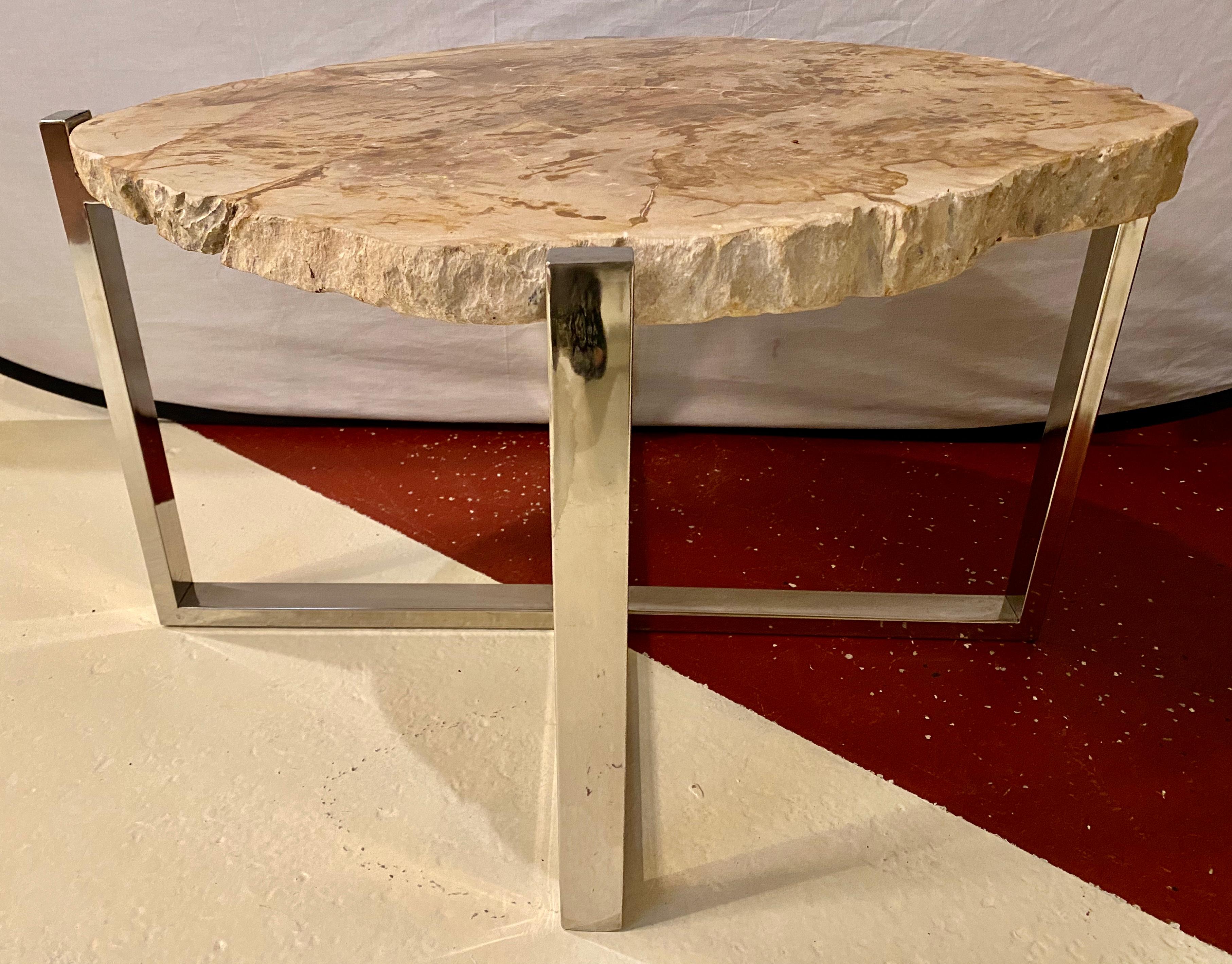 Mid-Century Modern style end or side table chrome based stone top. Two similar tables that can be used as a pair. The other listed on its own.