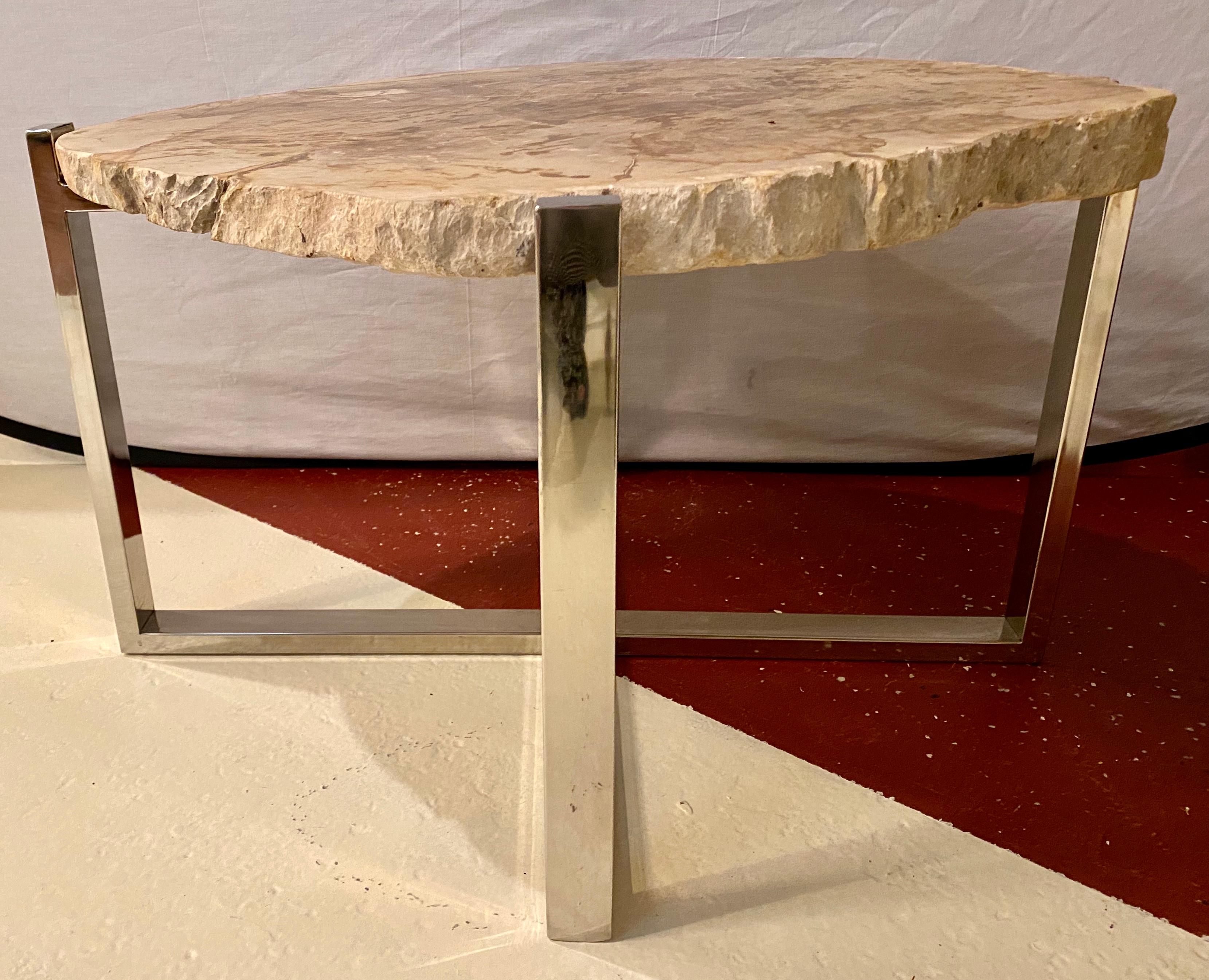 Mid-Century Modern Style End or Side Table Chrome Based Stone Top In Good Condition In Stamford, CT