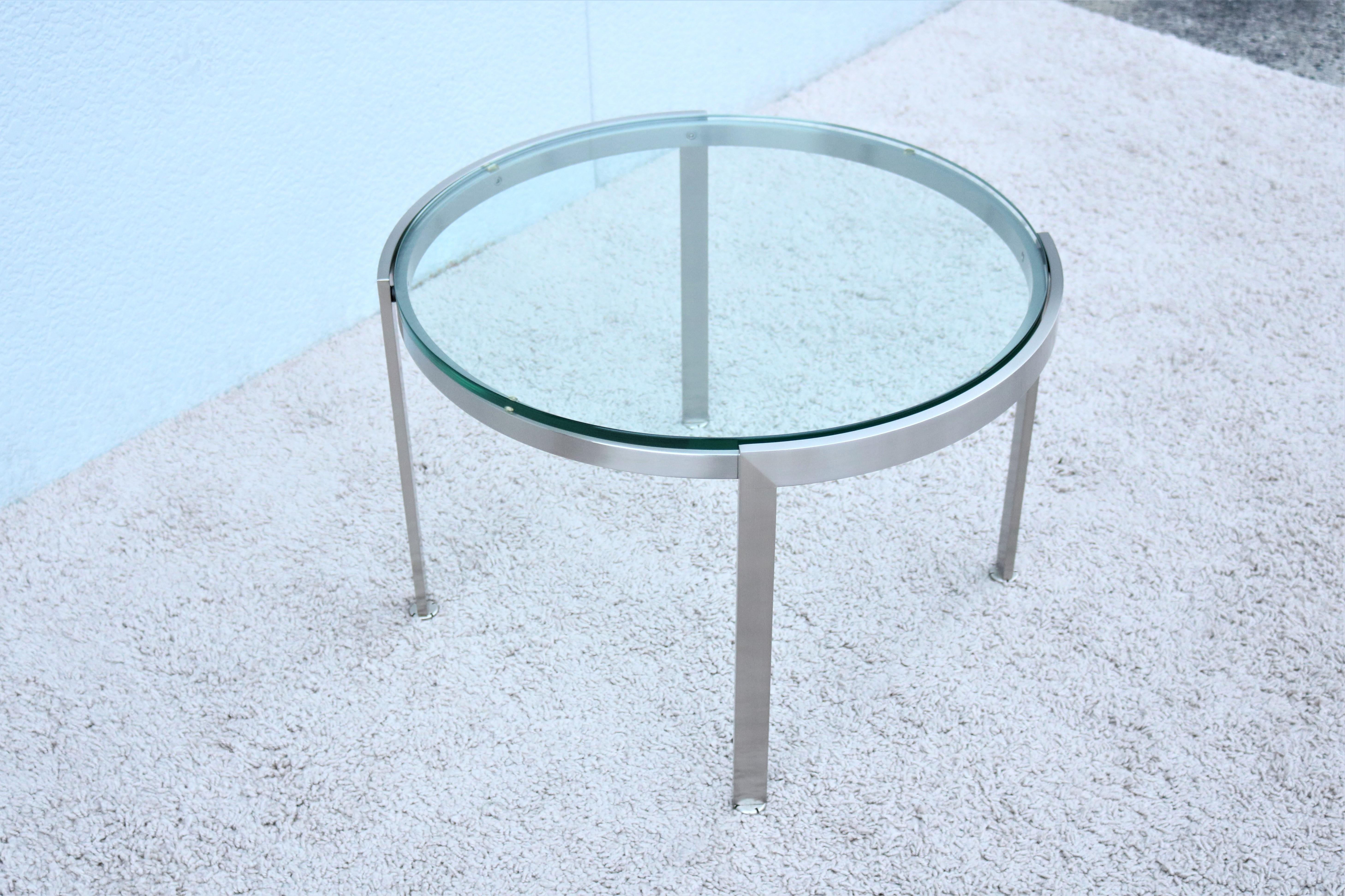 Brushed Mid-Century Modern Style Geiger Metal Series Round Clear Glass Top Coffee Table For Sale