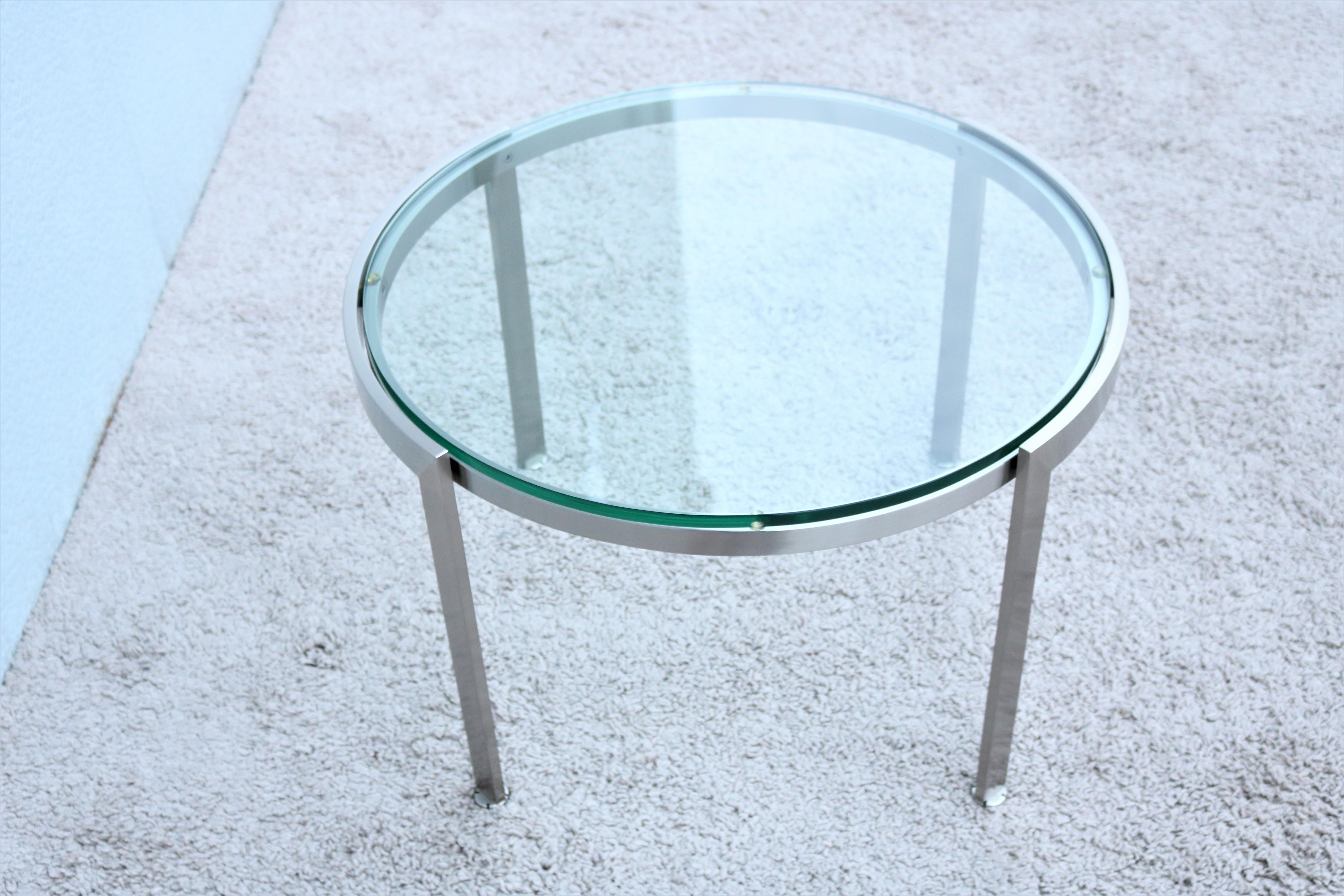 Contemporary Mid-Century Modern Style Geiger Metal Series Round Clear Glass Top Coffee Table For Sale