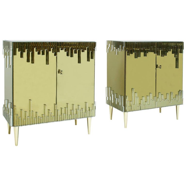 Mid Century Modern Style Glass And Golden Mirror Pair Of Italian