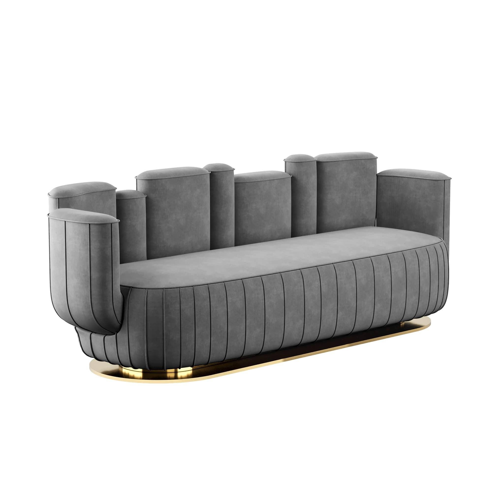 Mid-Century Modern Style Gray Velvet Sofa Cactus Shape w/ Swivel Gold Base (Moderne) im Angebot