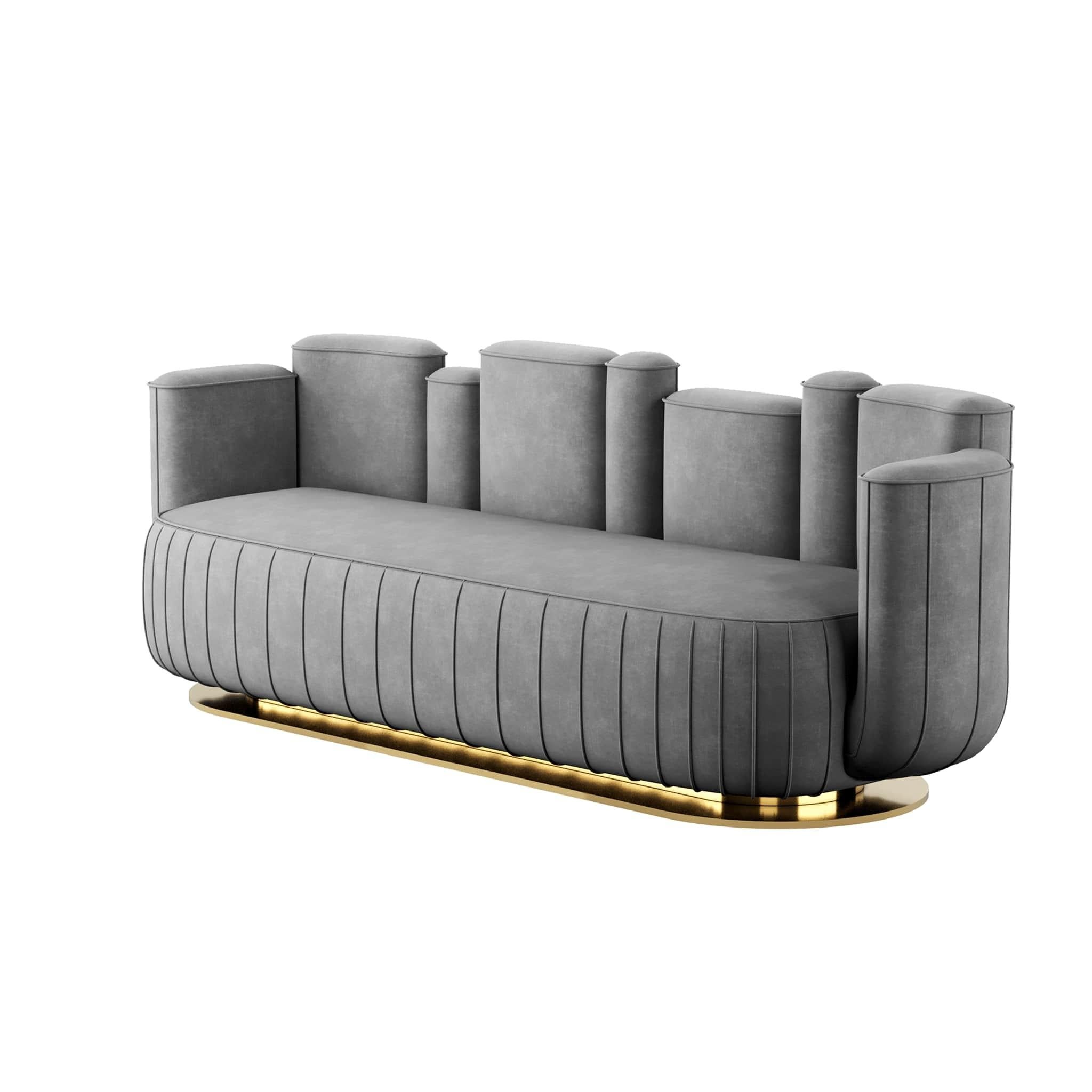 Mid-Century Modern Style Gray Velvet Sofa Cactus Shape w/ Swivel Gold Base (Portugiesisch) im Angebot