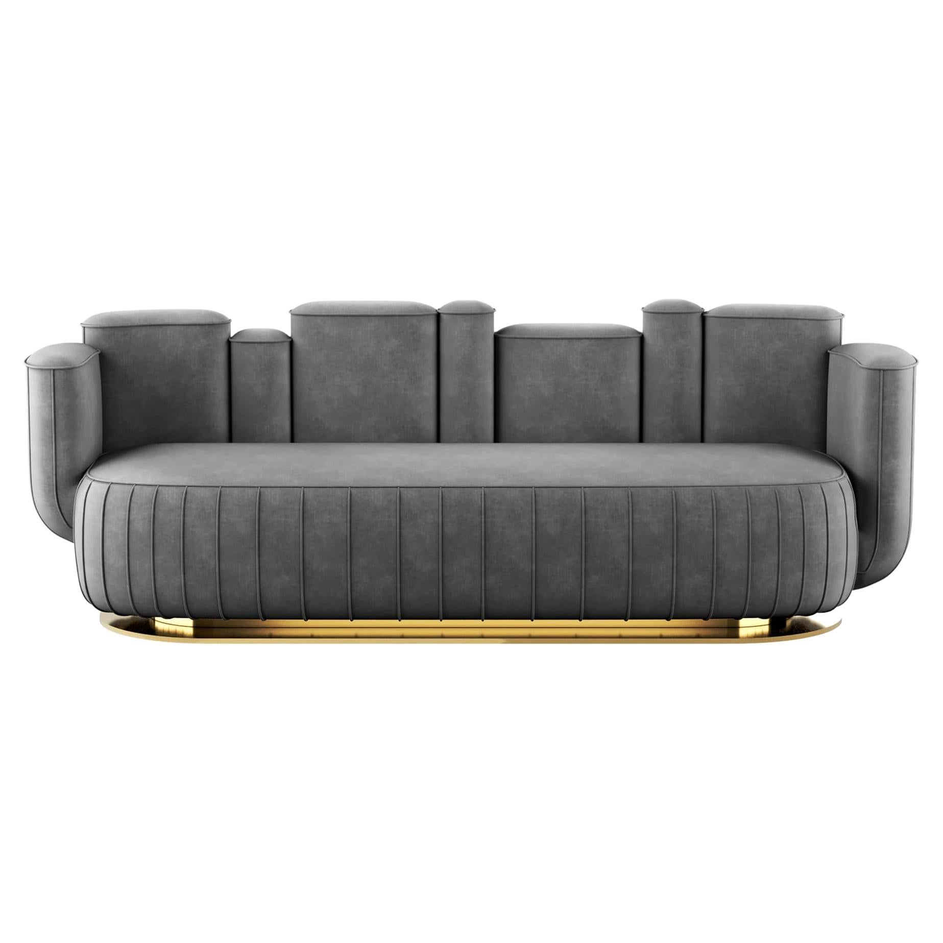 Mid-Century Modern Style Gray Velvet Sofa Cactus Shape w/ Swivel Gold Base