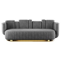 Mid-Century Modern Style Gray Velvet Sofa Cactus Shape w/ Swivel Gold Base