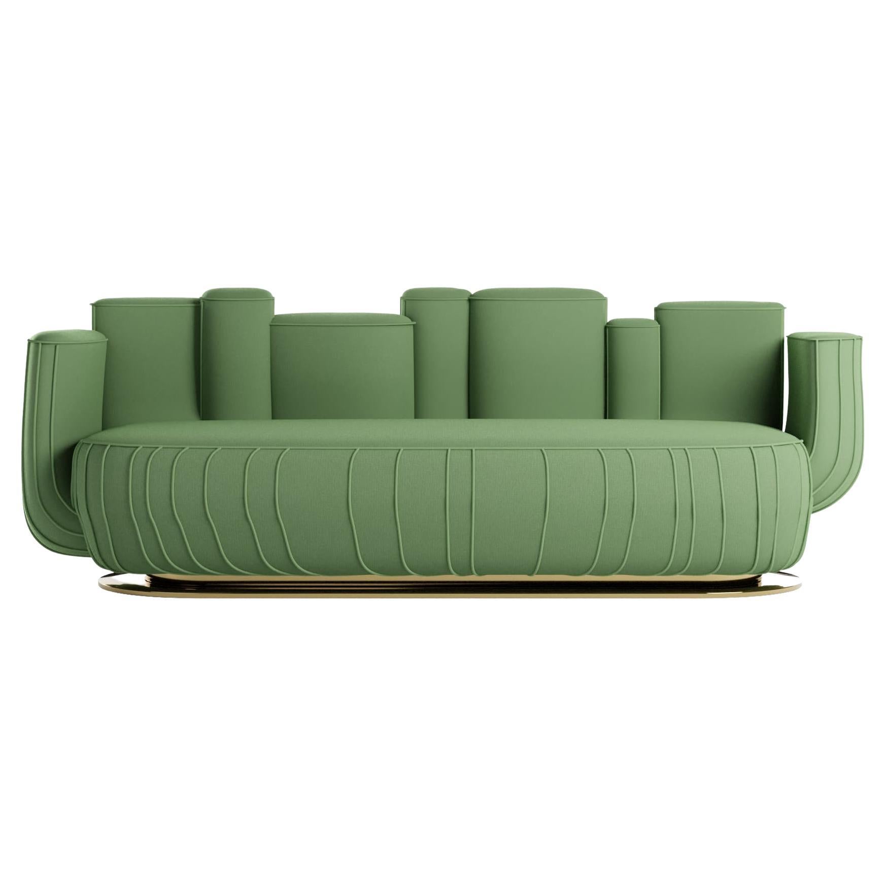 Mid-Century Modern Style Sage Green Velvet Sofa Cactus Shape w/ Swivel Gold Base For Sale