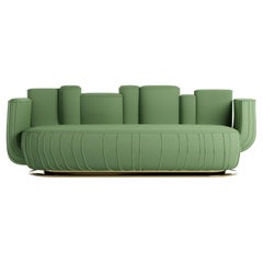 Mid-Century Modern Style Sage Green Velvet Sofa Cactus Shape w/ Swivel Gold Base