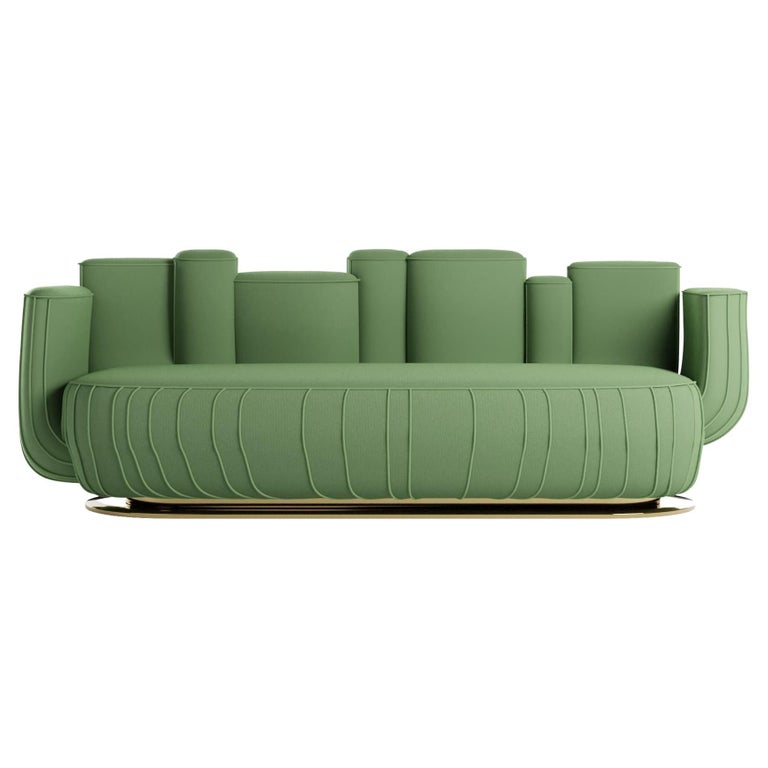 Mid Century Modern Style Sage Green Velvet Sofa Cactus Shape W Swivel Gold Base For Sale At 1stdibs