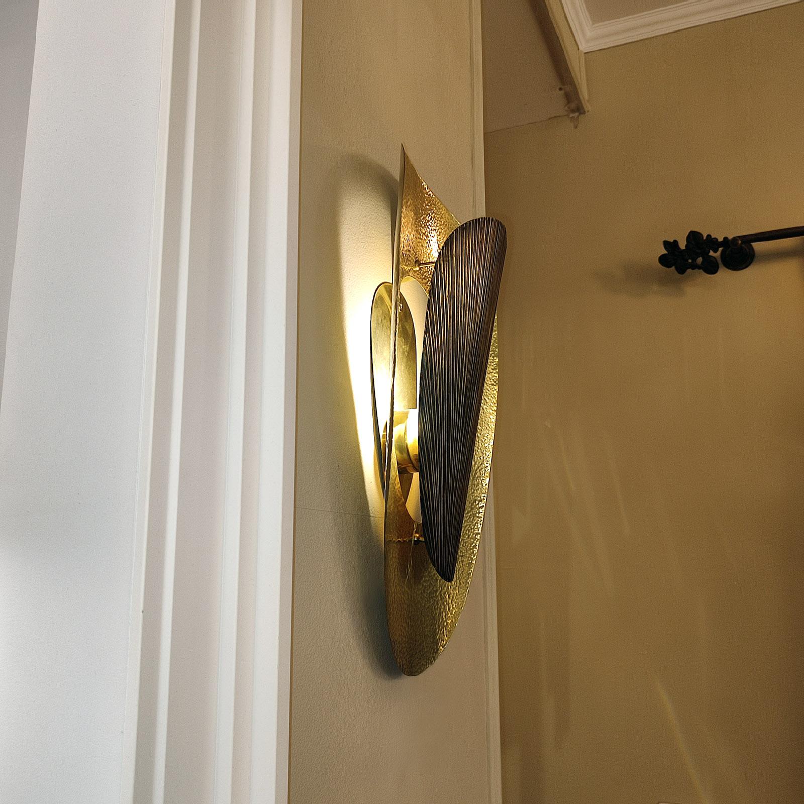 Contemporary Mid-Century Modern Style Hammered Brass Wall Light For Sale