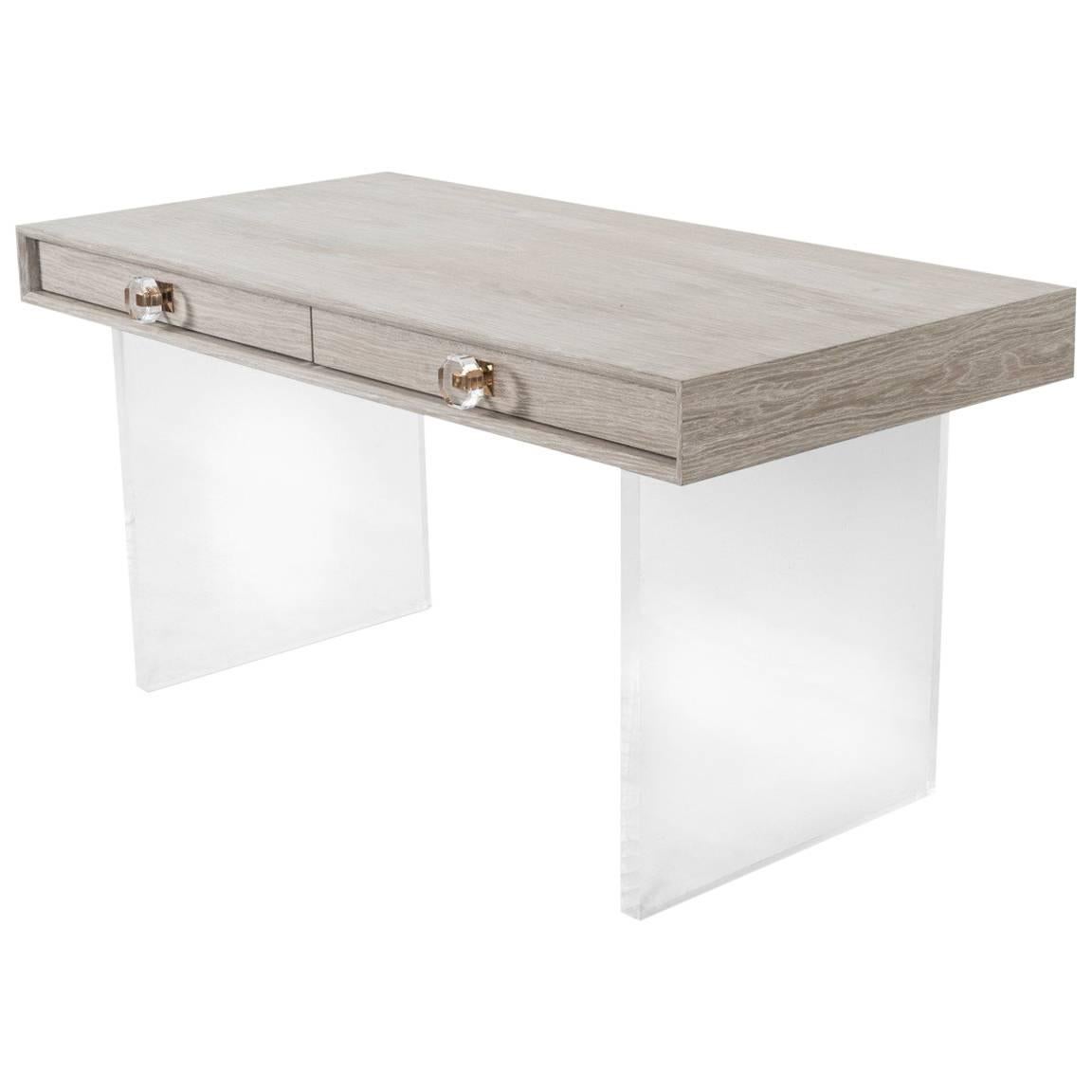Mid-Century Modern Style Hampton Desk with Lucite Legs and Pulls in Light Oak For Sale