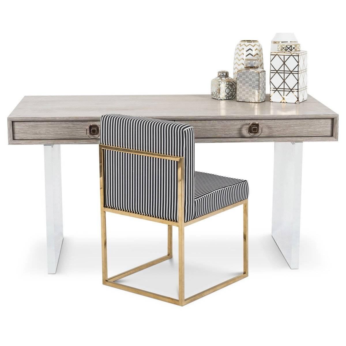 Introducing our Hampton desk in light oak with wax finish featuring our rose gold Lucite octagon pull knobs and Lucite plinth legs. An elegant and unique addition to any work space. 

Dimensions:
60