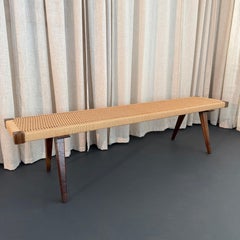 Mid-Century Modern Style Hand-Woven Rope Weave And Walnut Bench