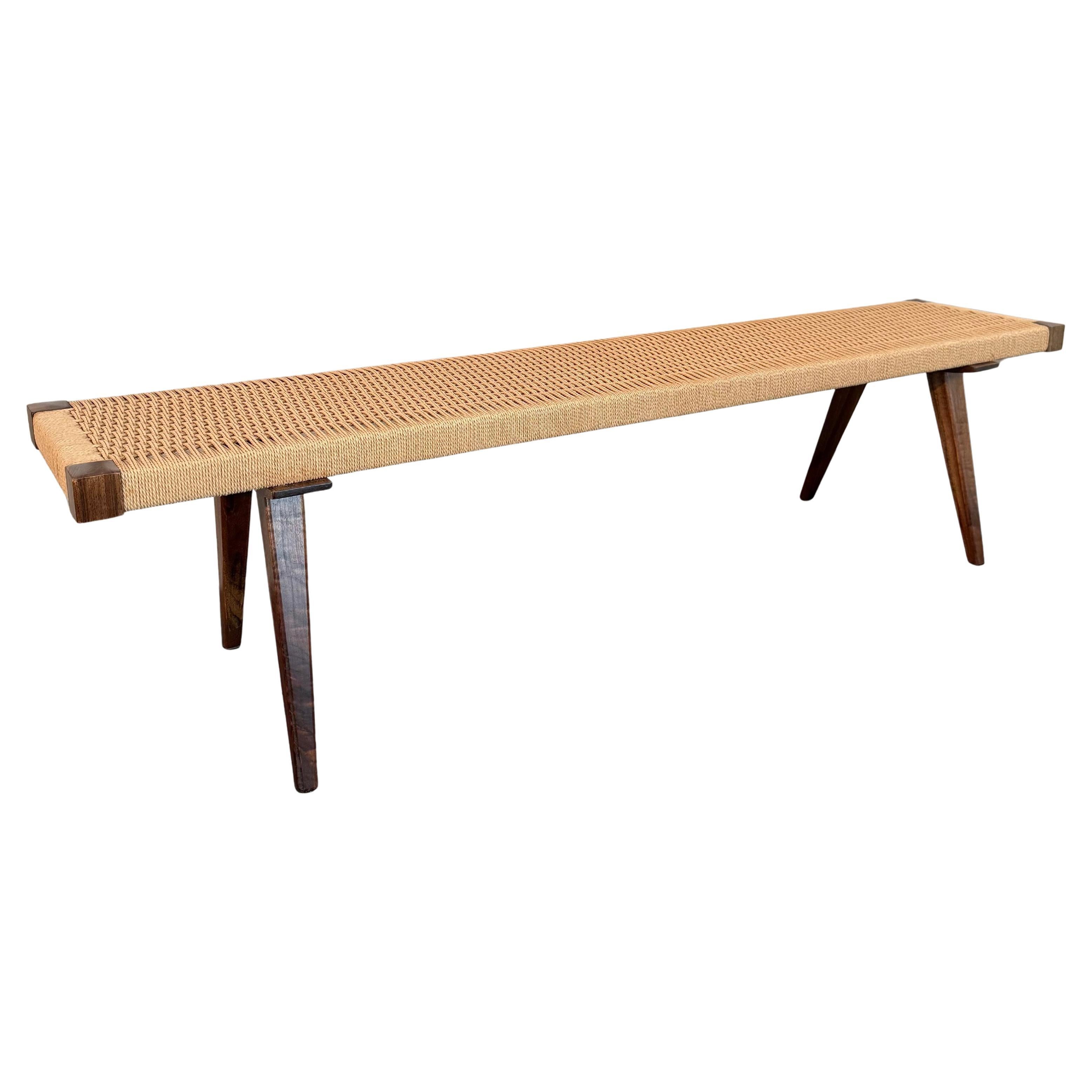 Mid-Century Modern Style Hand-Woven Rope Weave And Walnut Bench