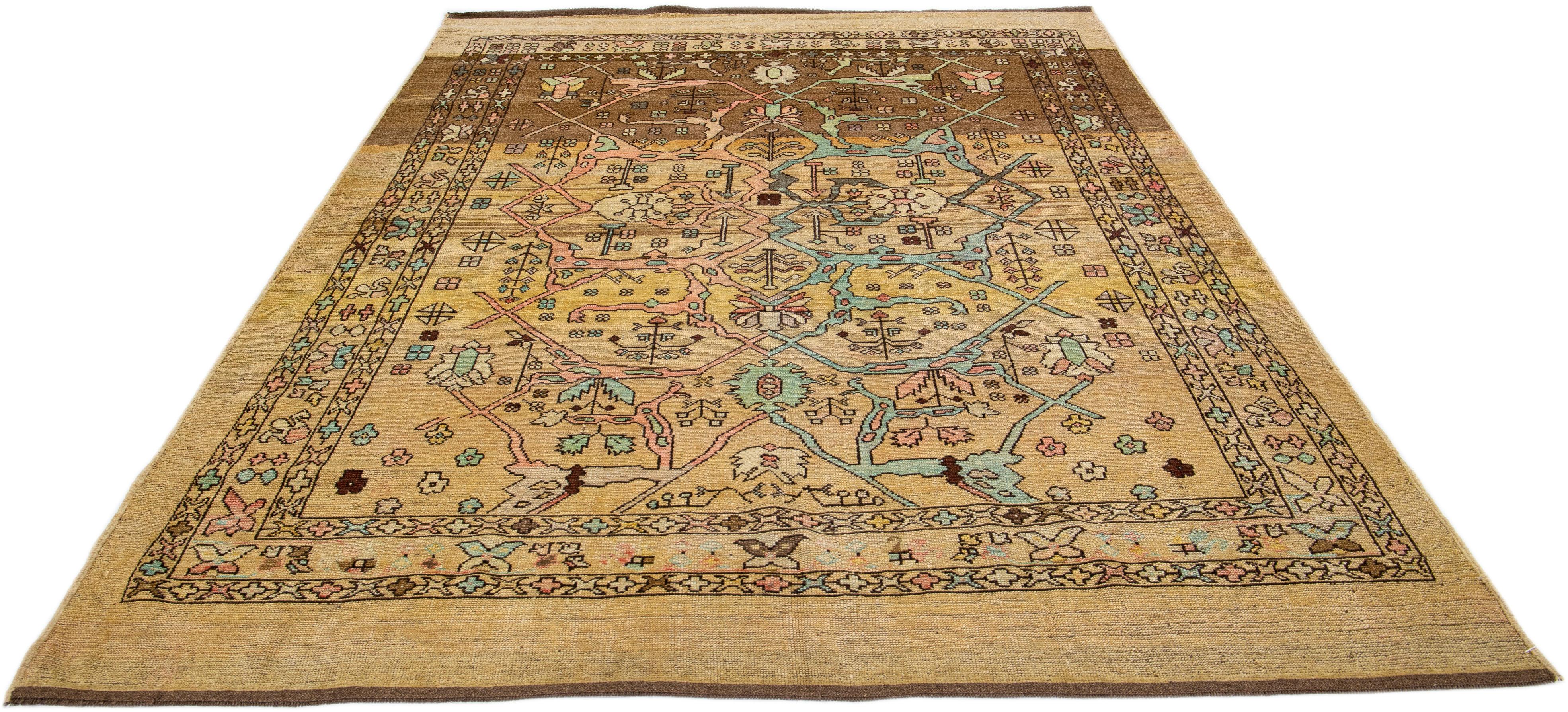 Afghan Mid-Century Modern Style Handmade Allover Floral Yellow  Wool Rug by Apadana For Sale