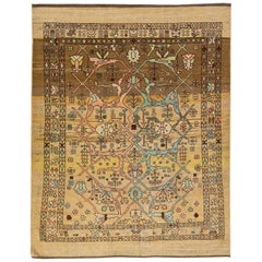 Mid-Century Modern Style Handmade Allover Floral Yellow  Wool Rug by Apadana