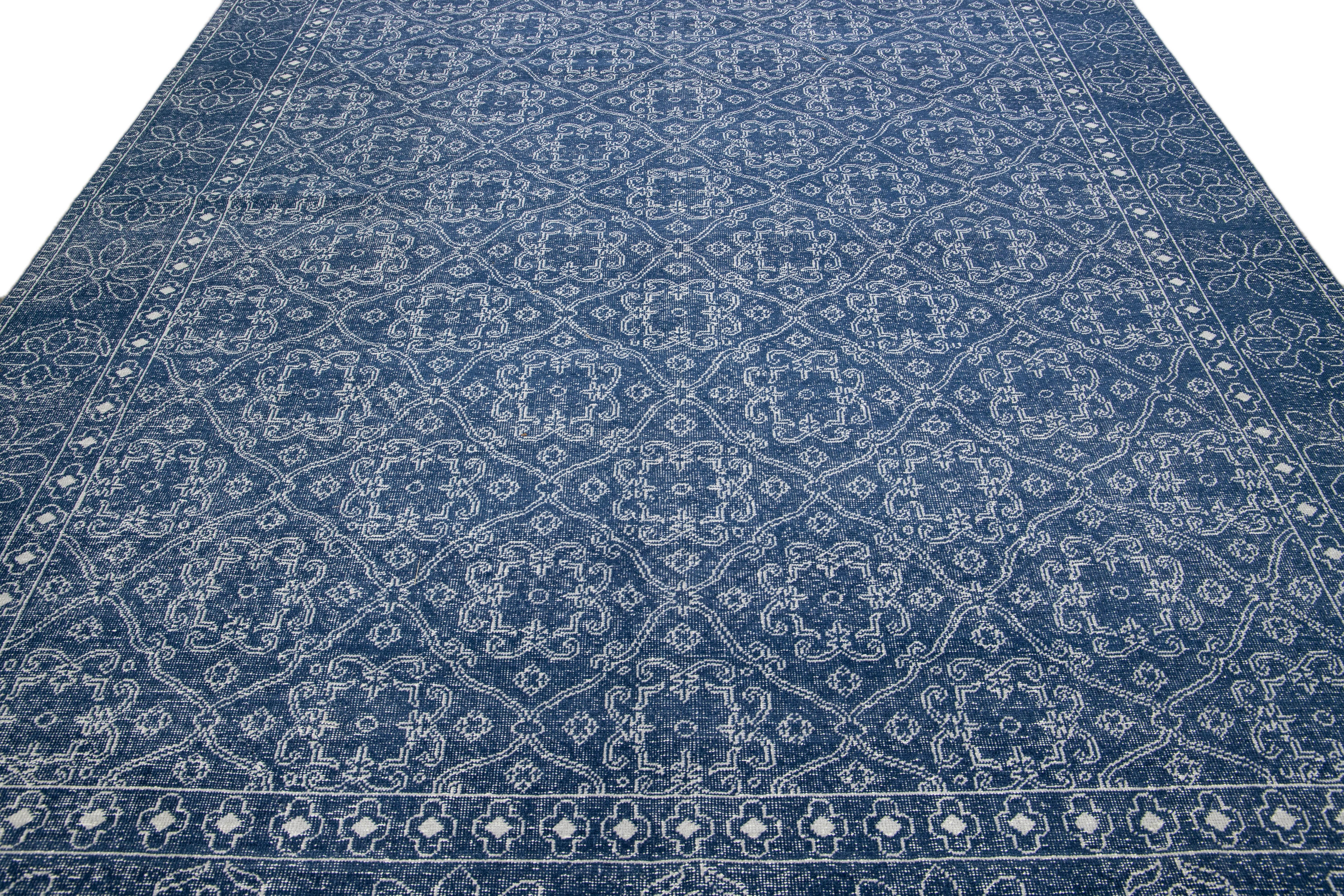 Turkish Mid-Century Modern Style Handmade Floral Trellis Motif Navy Blue Wool Rug For Sale
