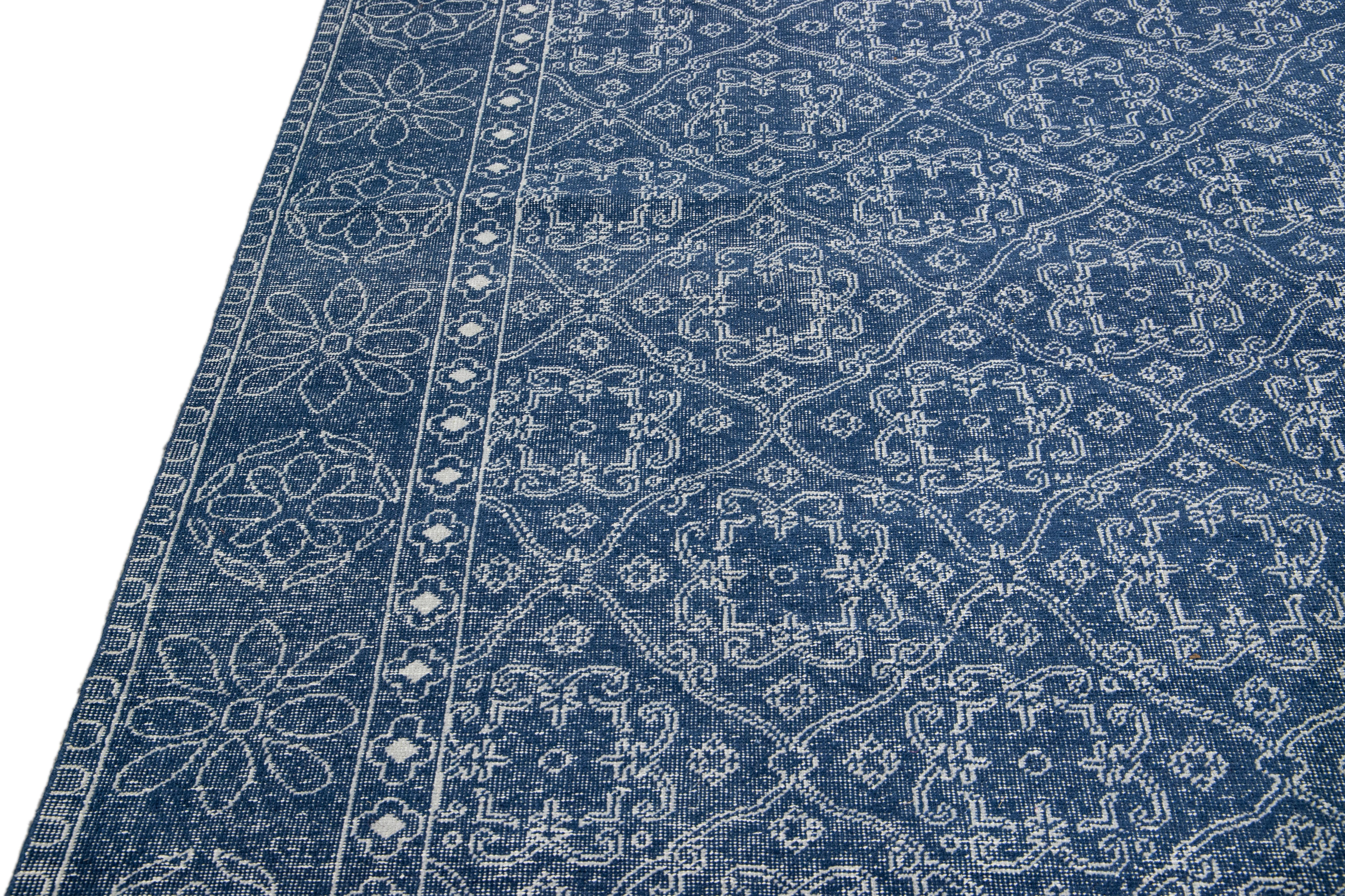 Hand-Knotted Mid-Century Modern Style Handmade Floral Trellis Motif Navy Blue Wool Rug For Sale