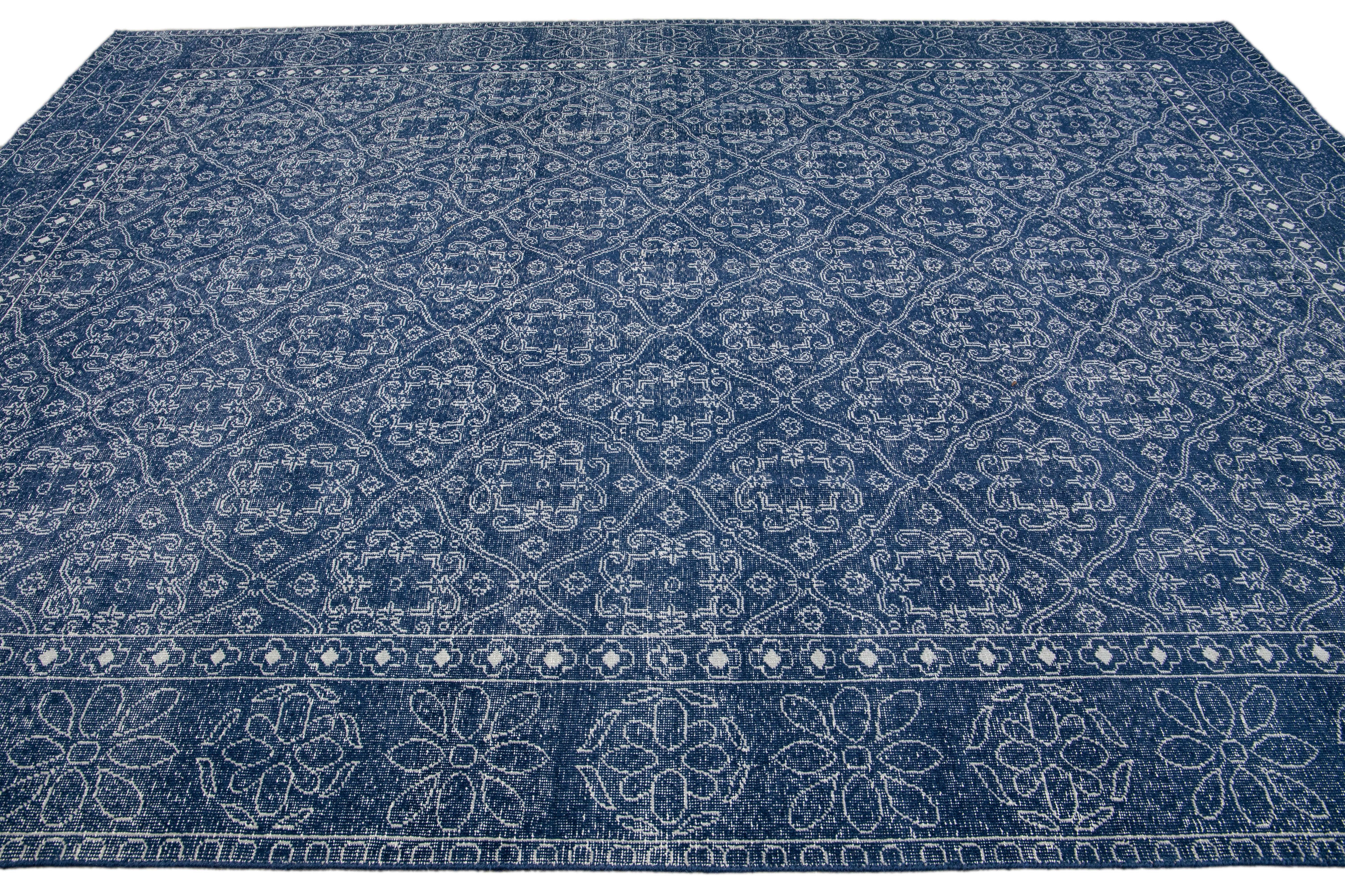 Mid-Century Modern Style Handmade Floral Trellis Motif Navy Blue Wool Rug In New Condition For Sale In Norwalk, CT