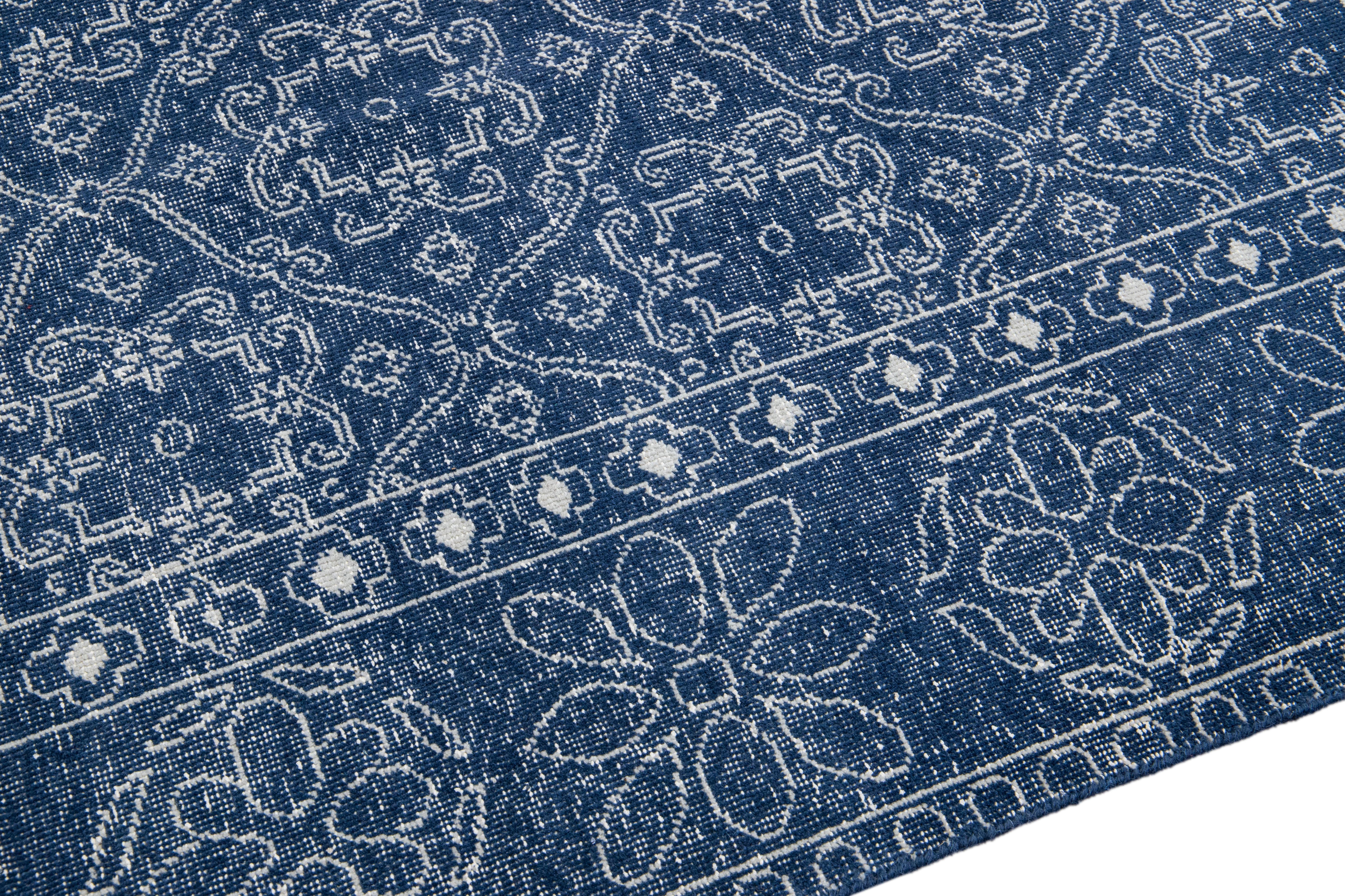 Mid-Century Modern Style Handmade Floral Trellis Motif Navy Blue Wool Rug For Sale 1