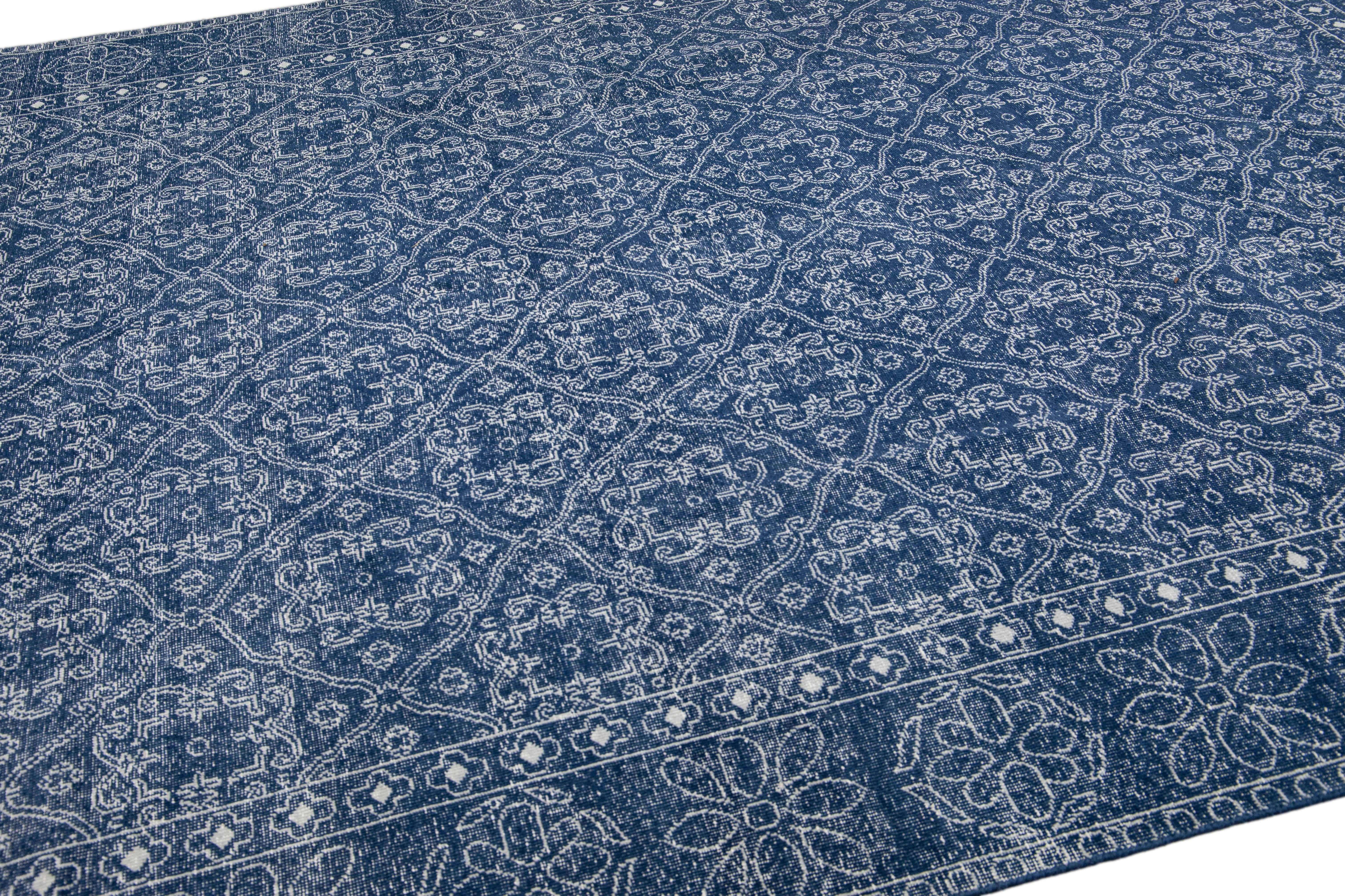 Mid-Century Modern Style Handmade Floral Trellis Motif Navy Blue Wool Rug For Sale 2