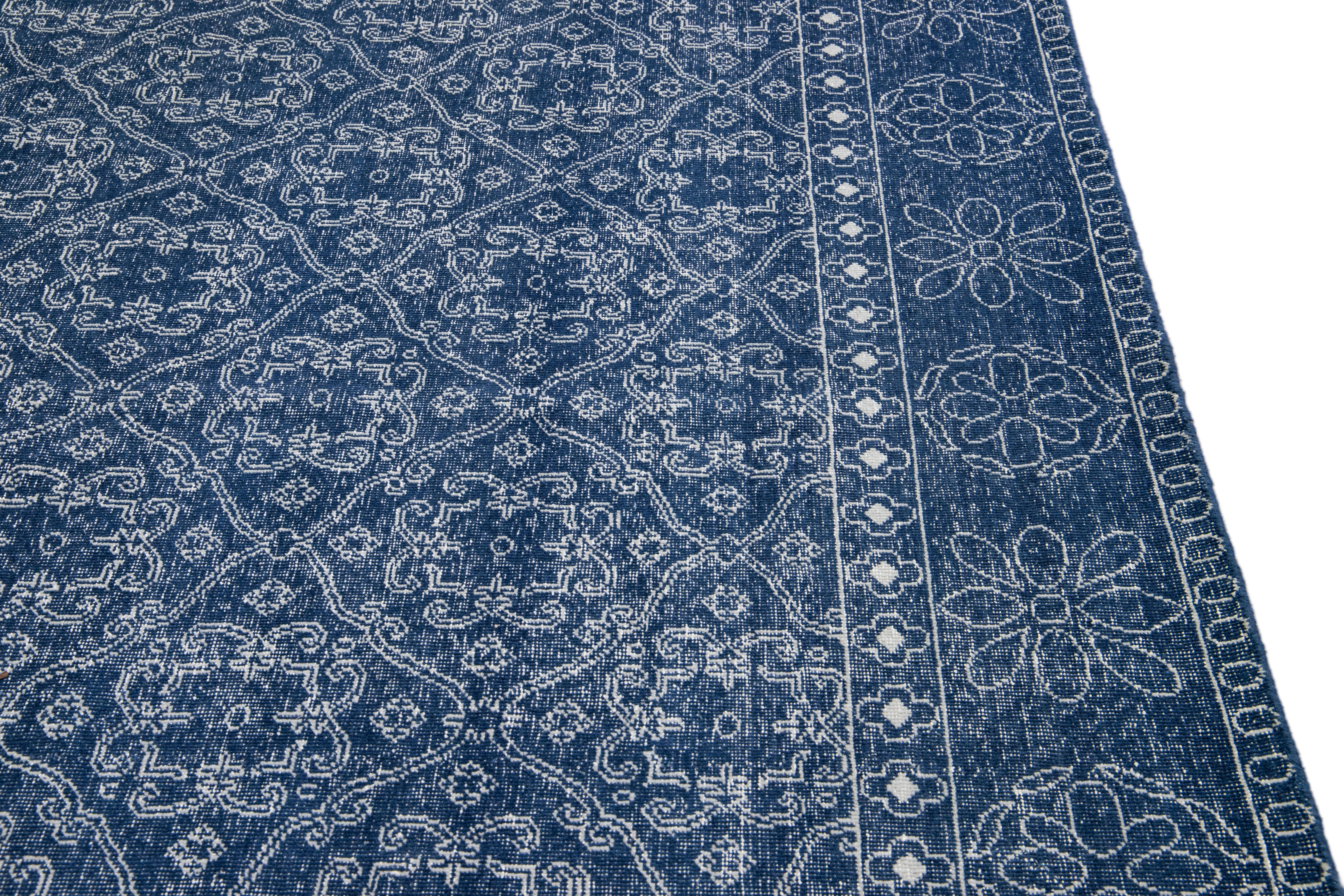 Mid-Century Modern Style Handmade Floral Trellis Motif Navy Blue Wool Rug For Sale 3