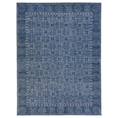 Handgefertigter Wollteppich mit Blumen-Trellis-Motiv in Marineblau, Mid-Century Modern