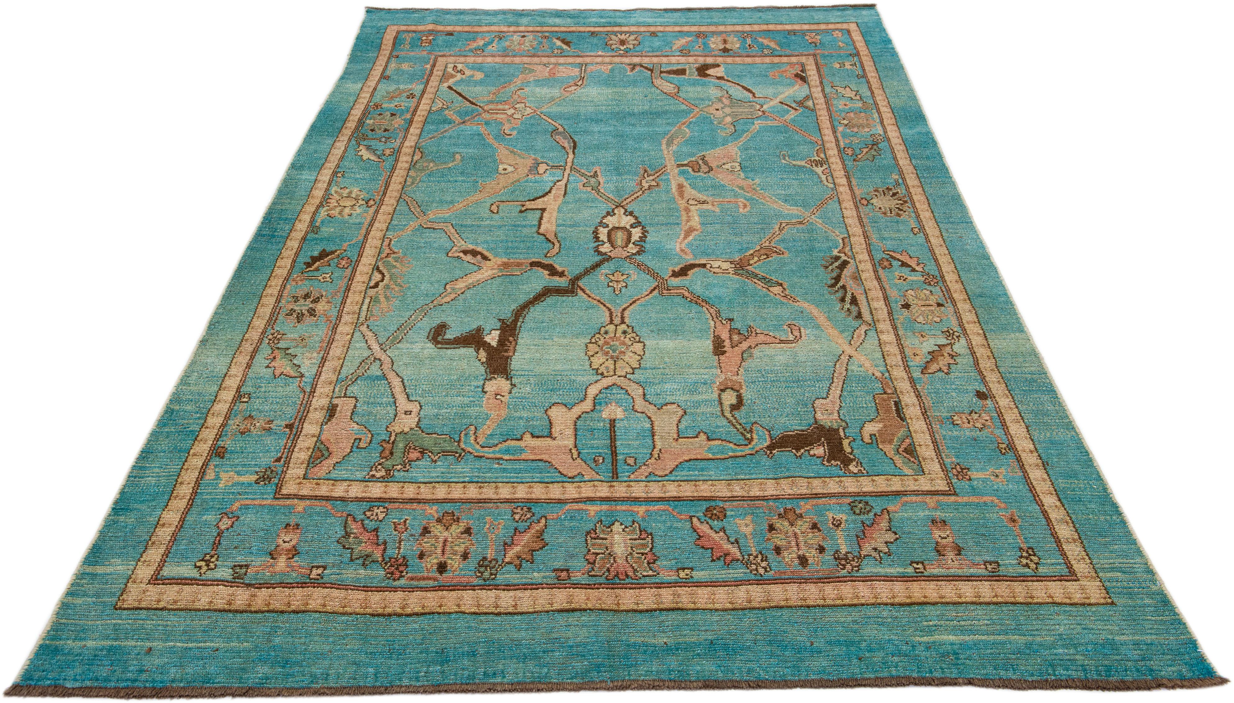 Afghan Mid-Century Modern Style Handmade Teal Wool with Tribal Motif Rug by Apadana For Sale