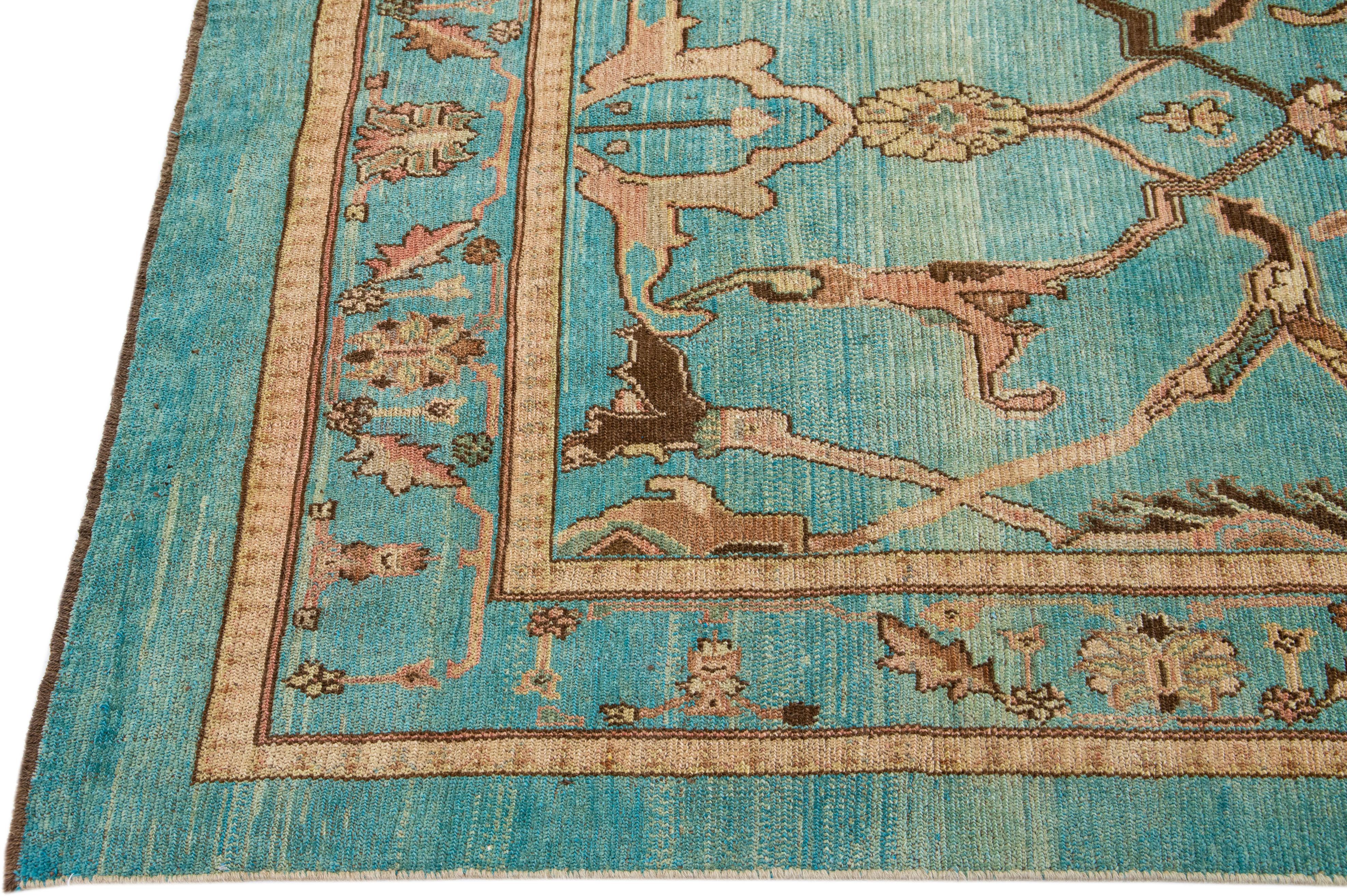 Hand-Knotted Mid-Century Modern Style Handmade Teal Wool with Tribal Motif Rug by Apadana For Sale