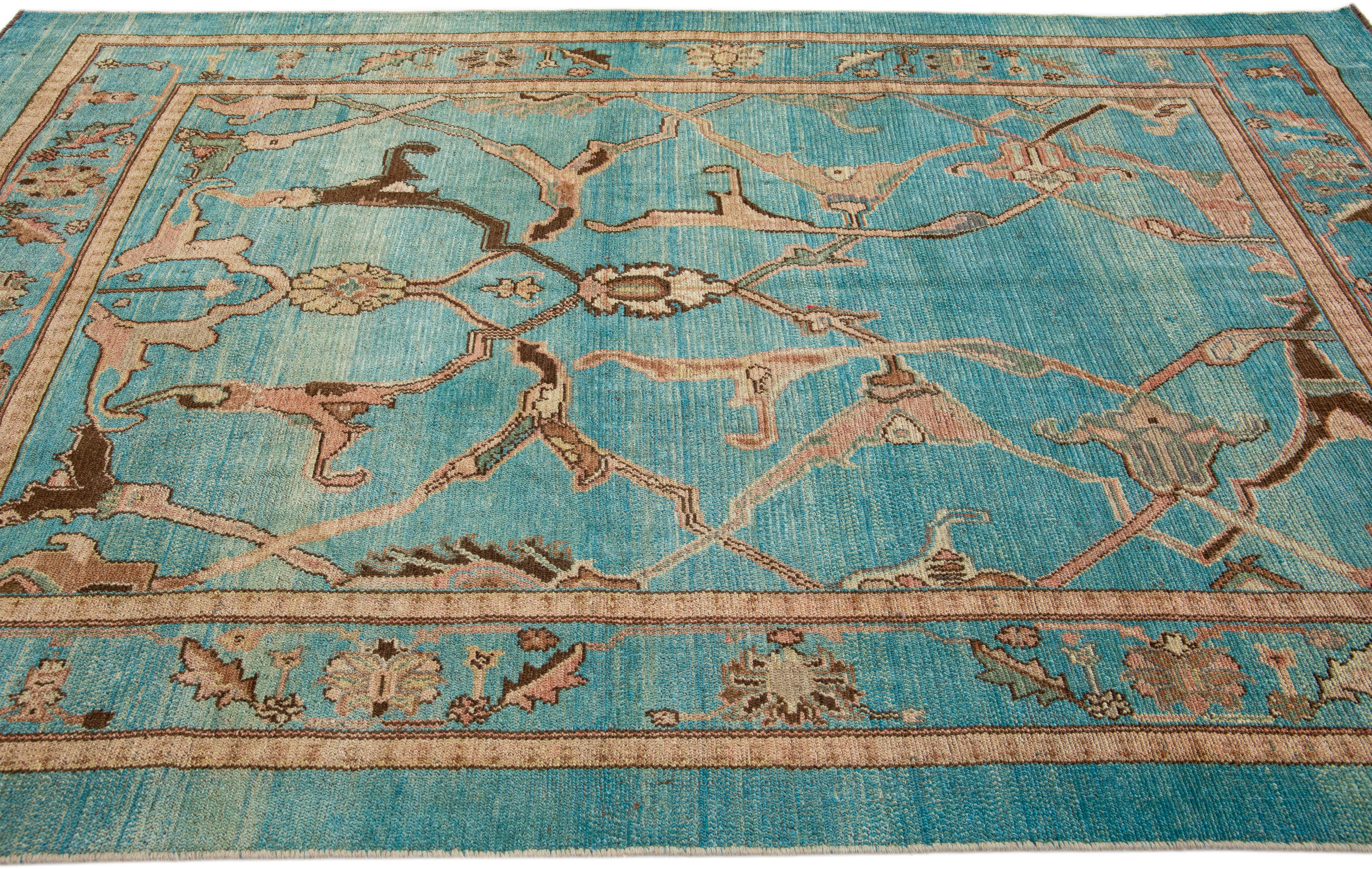 Mid-Century Modern Style Handmade Teal Wool with Tribal Motif Rug by Apadana In New Condition For Sale In Norwalk, CT
