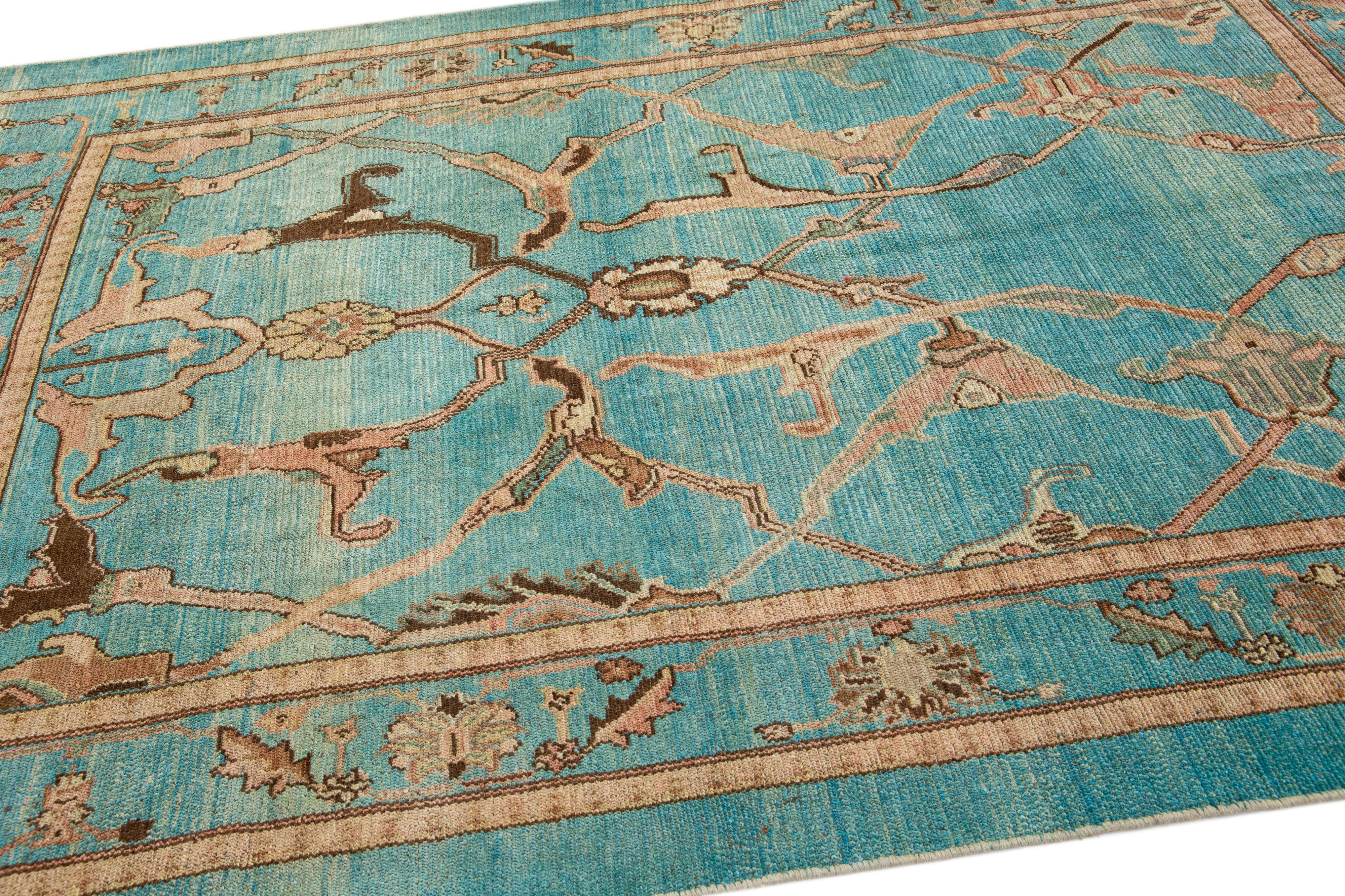 Contemporary Mid-Century Modern Style Handmade Teal Wool with Tribal Motif Rug by Apadana For Sale
