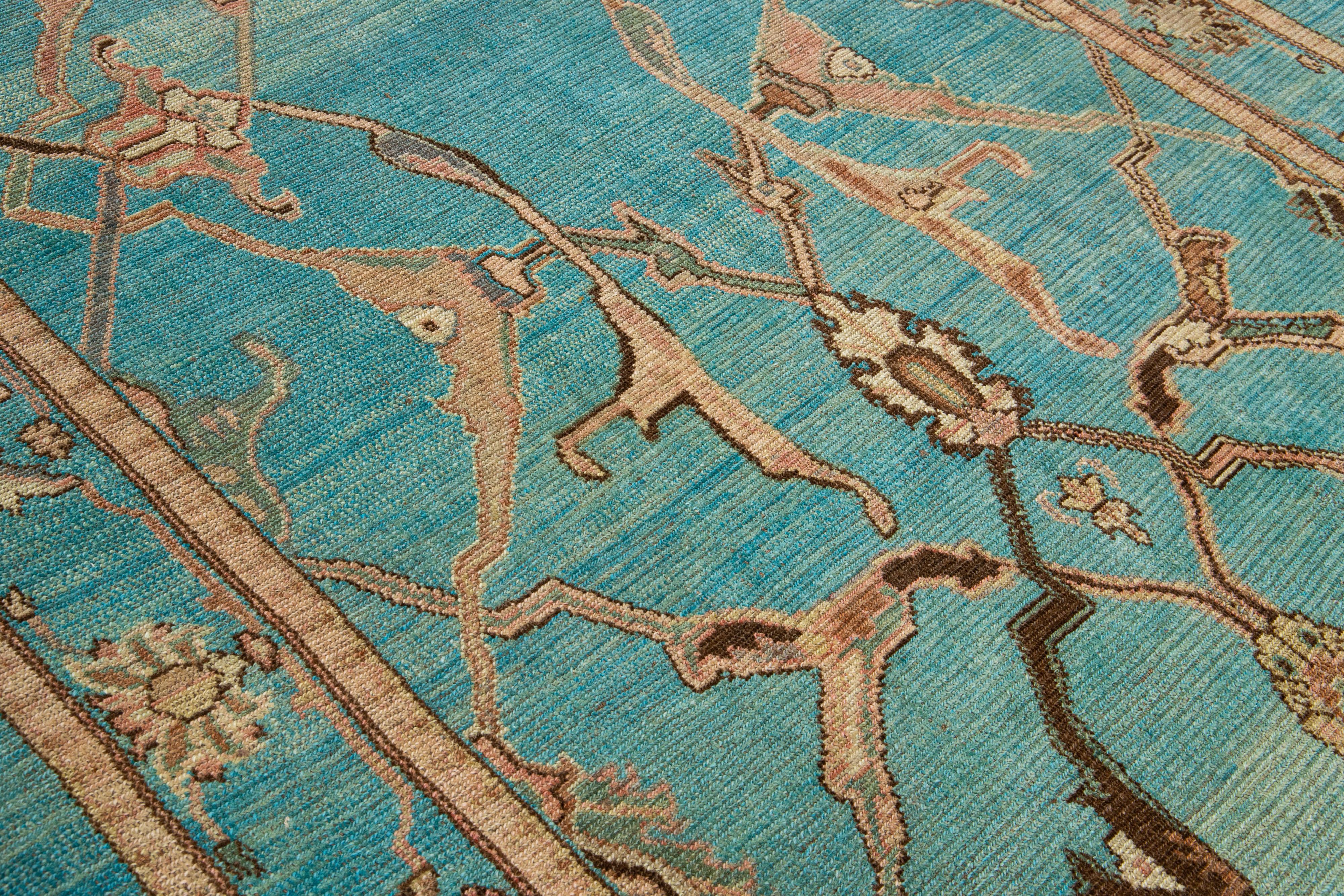 Mid-Century Modern Style Handmade Teal Wool with Tribal Motif Rug by Apadana For Sale 1