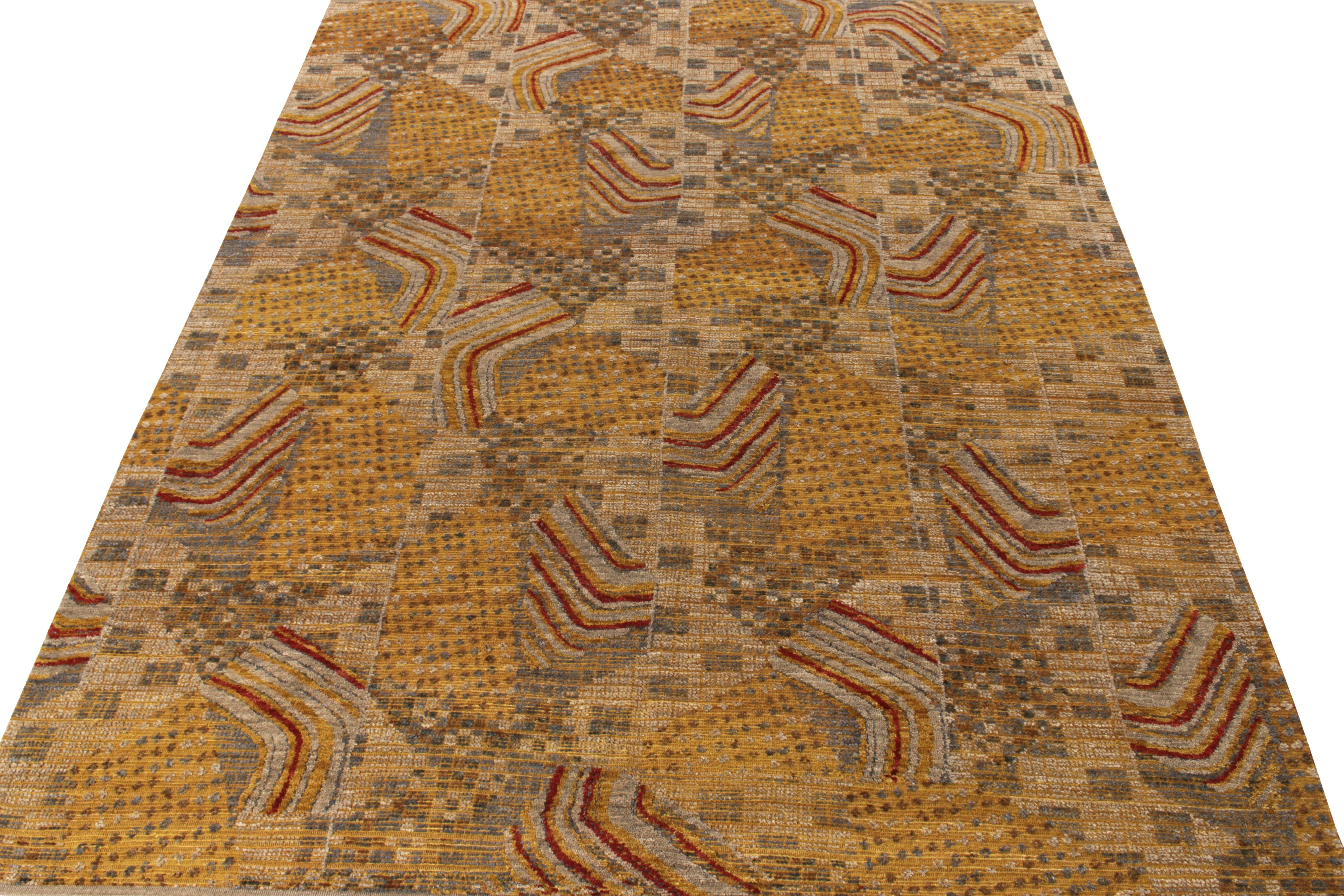An 8x10 modern rug by Rug & Kilim, boldly reimaging a variety of influences from mid-century modern rug styles to abstract art sensibilities. Hand-knotted in wool with a high-low texture, complementing the 1950s geometry with movement and