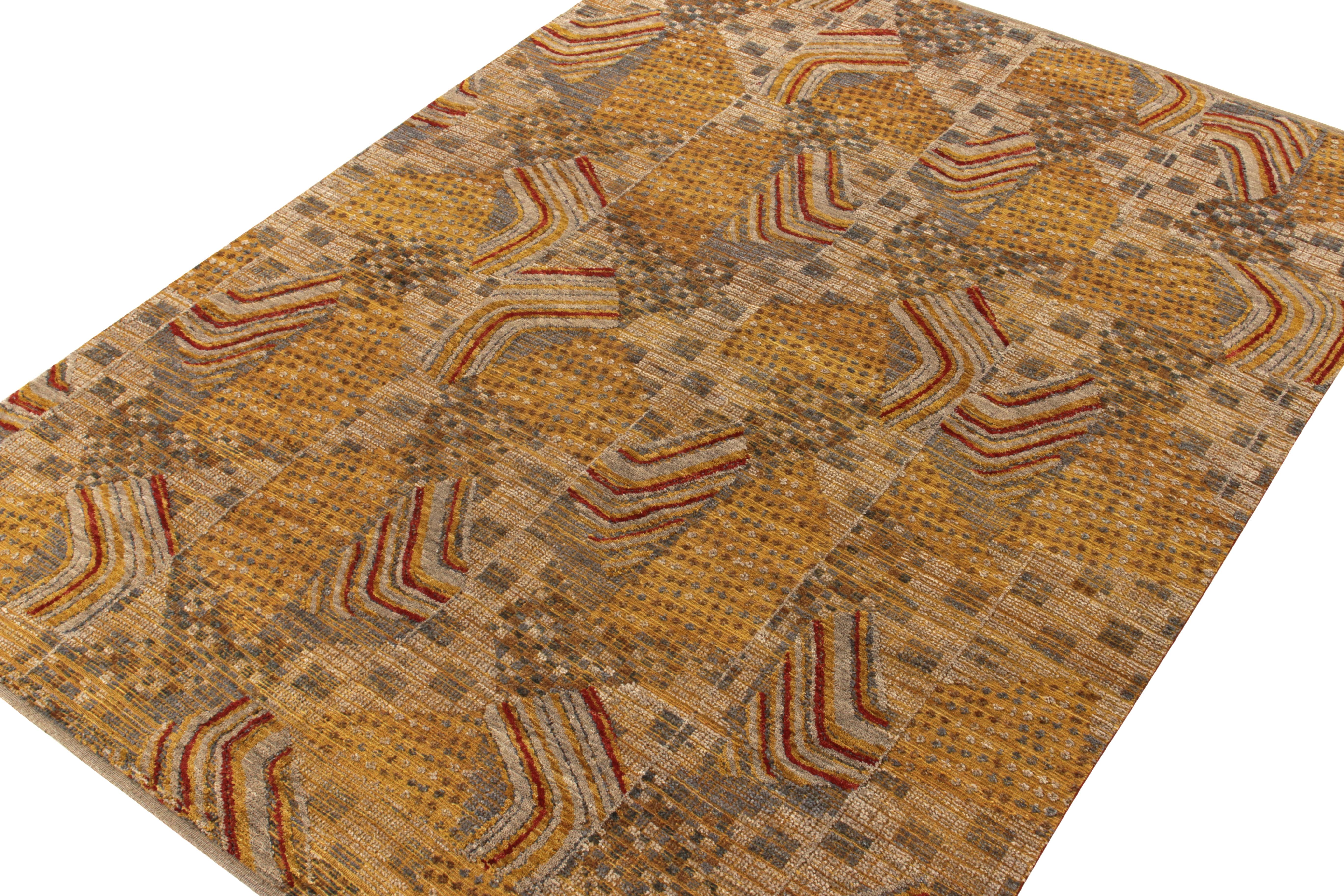 Pakistani Rug & Kilim's Mid-Century Modern Style High-Low Rug in Beige, Golden Brown For Sale