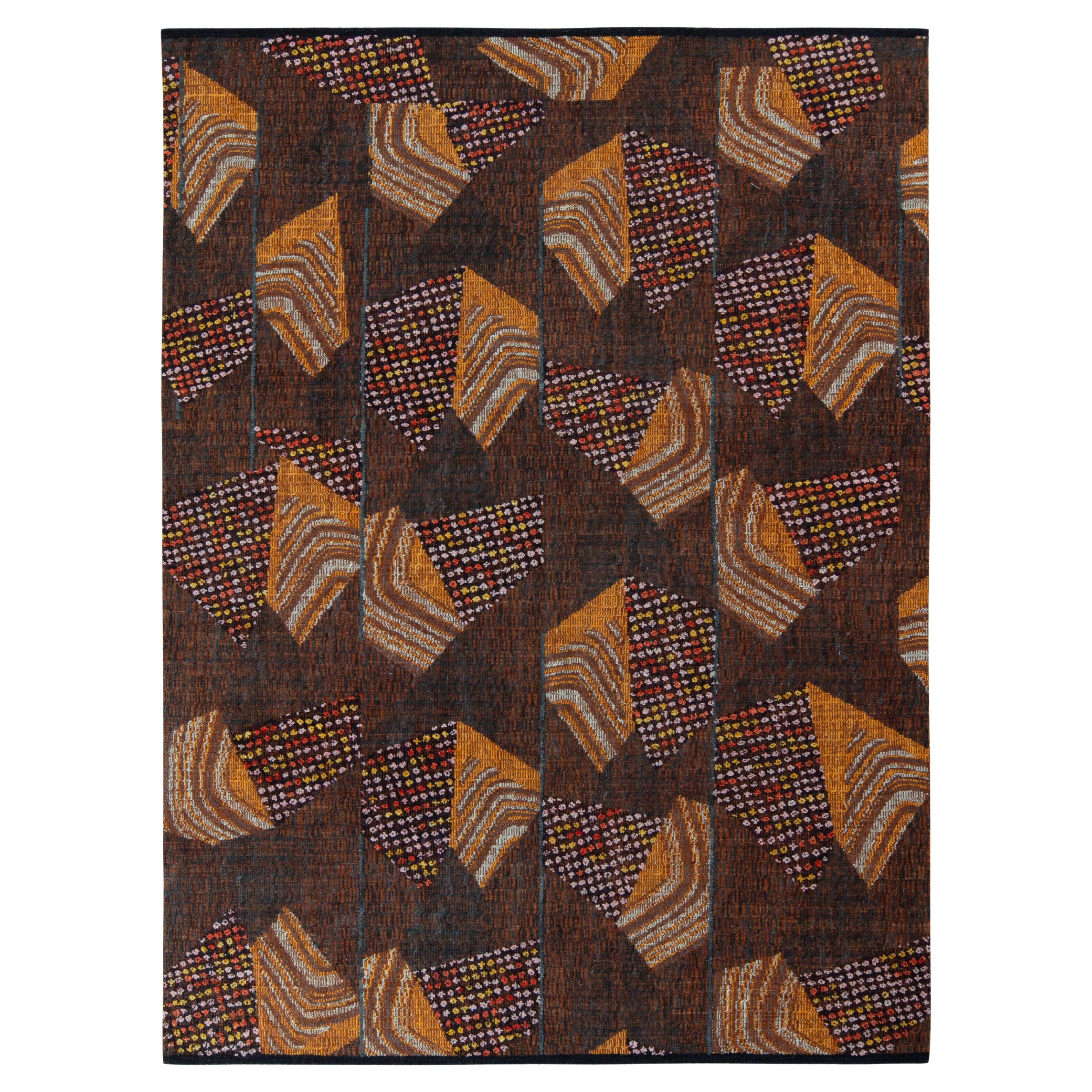 Rug & Kilim's Mid-Century Modern Style High-Low Rug in Beige, Golden Brown For Sale