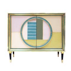 Mid-Century Modern Style Italian Cabinet Wood, Brass and Colored Glass