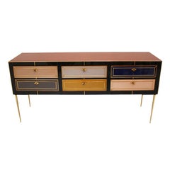 Mid-Century Modern Style Italian Sideboard Made of Wood Brass and Colored Glass