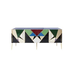 Mid-Century Style Italian Sideboard Made of Wood Brass and Colored Glass