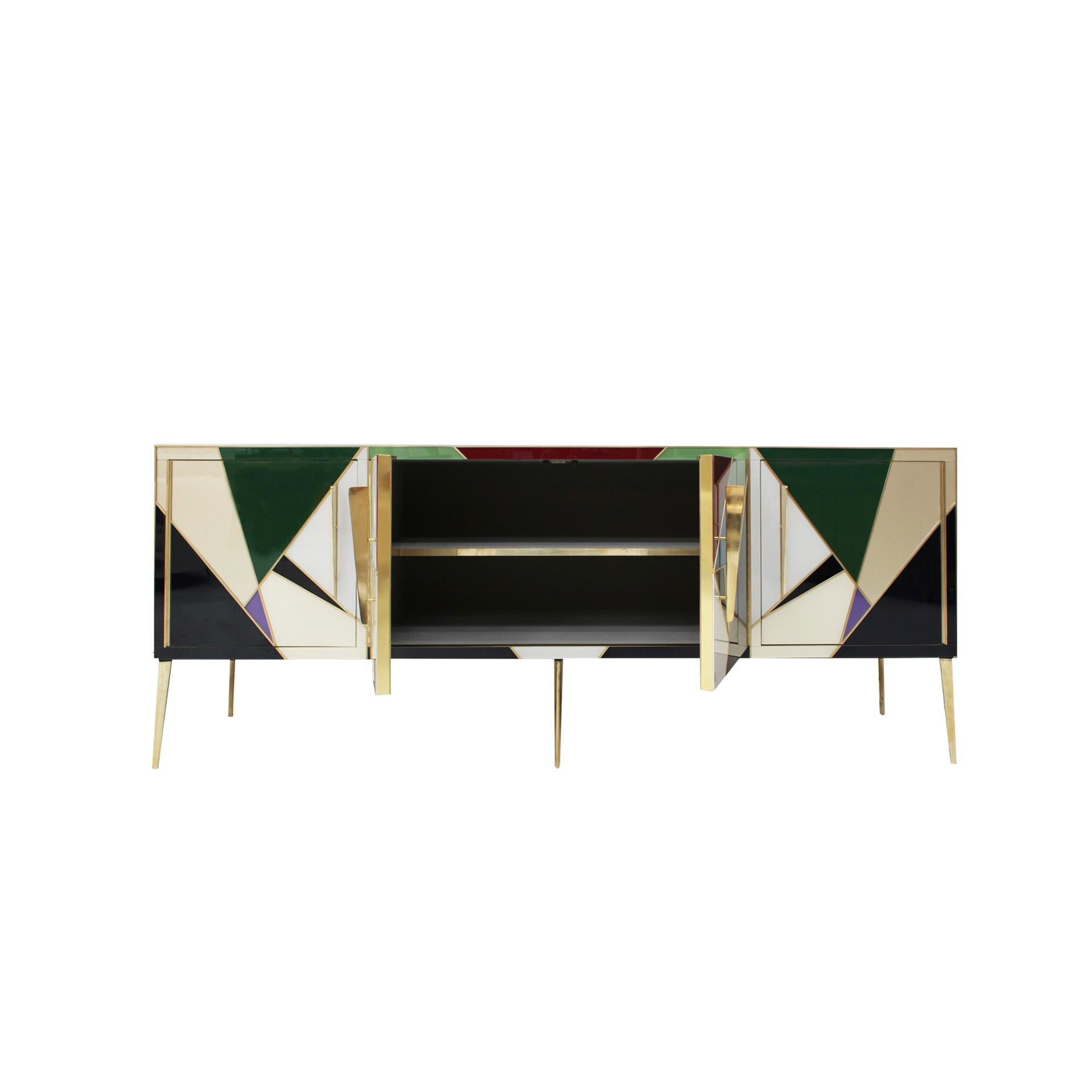 Italienisches Sideboard im modernen Stil der Mitte des Jahrhunderts aus Holz, Messing und farbigem Glas (Moderne der Mitte des Jahrhunderts) im Angebot