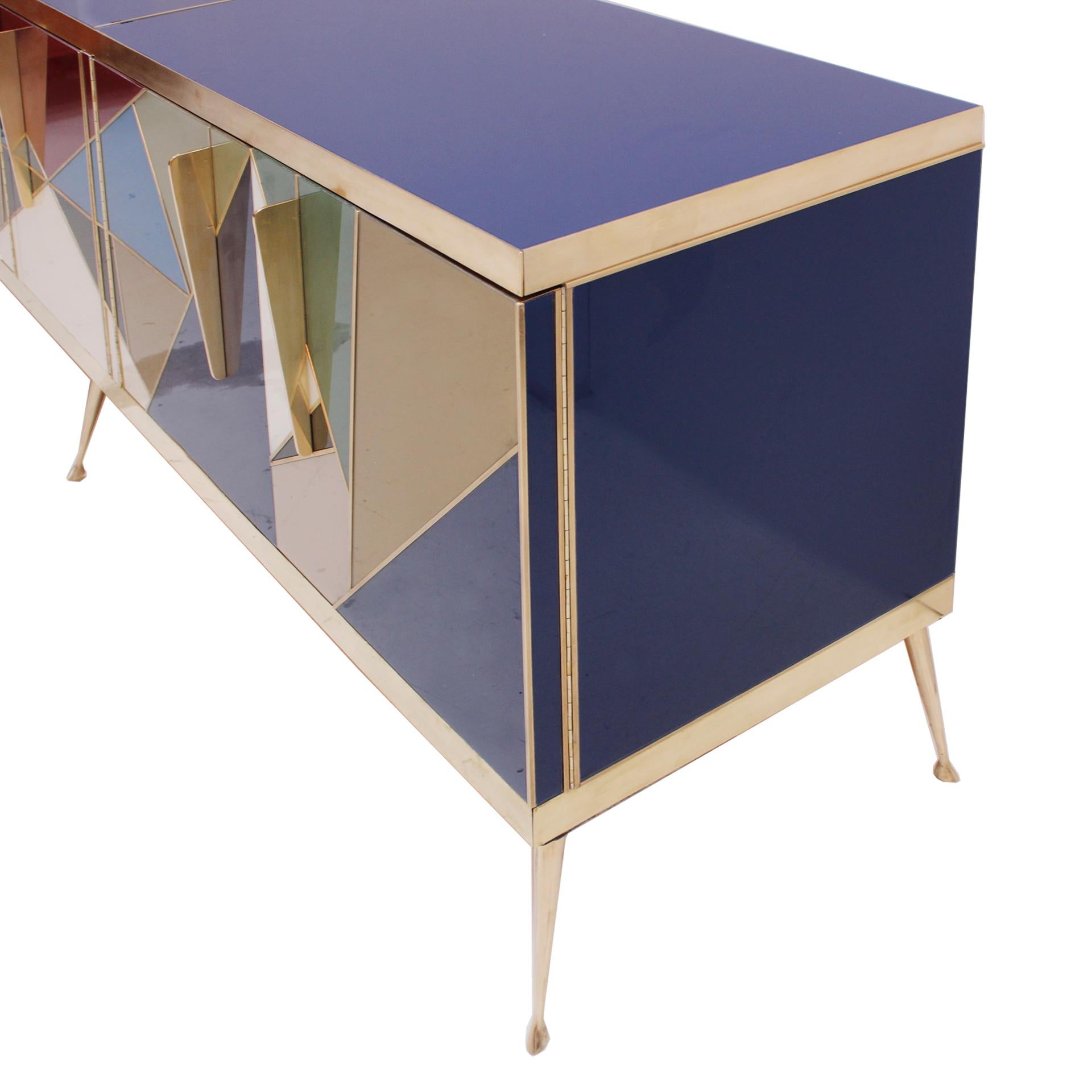 Hand-Crafted Mid-Century Modern Style Italian Sideboard Made of Wood Brass and Colored Glass For Sale