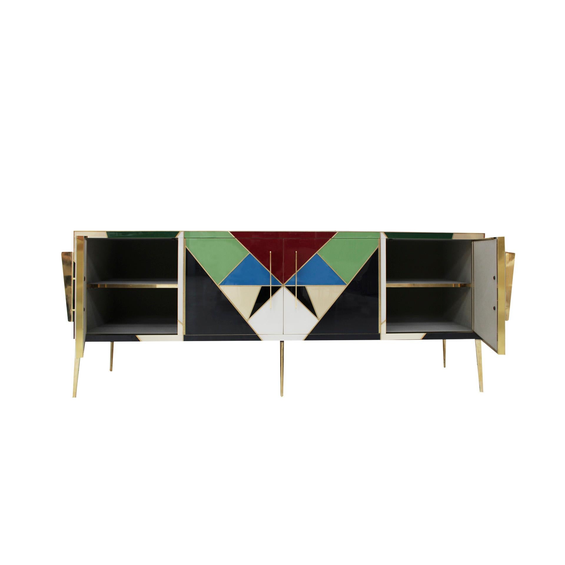 Contemporary Mid-Century Modern Style Italian Sideboard Made of Wood Brass and Colored Glass For Sale