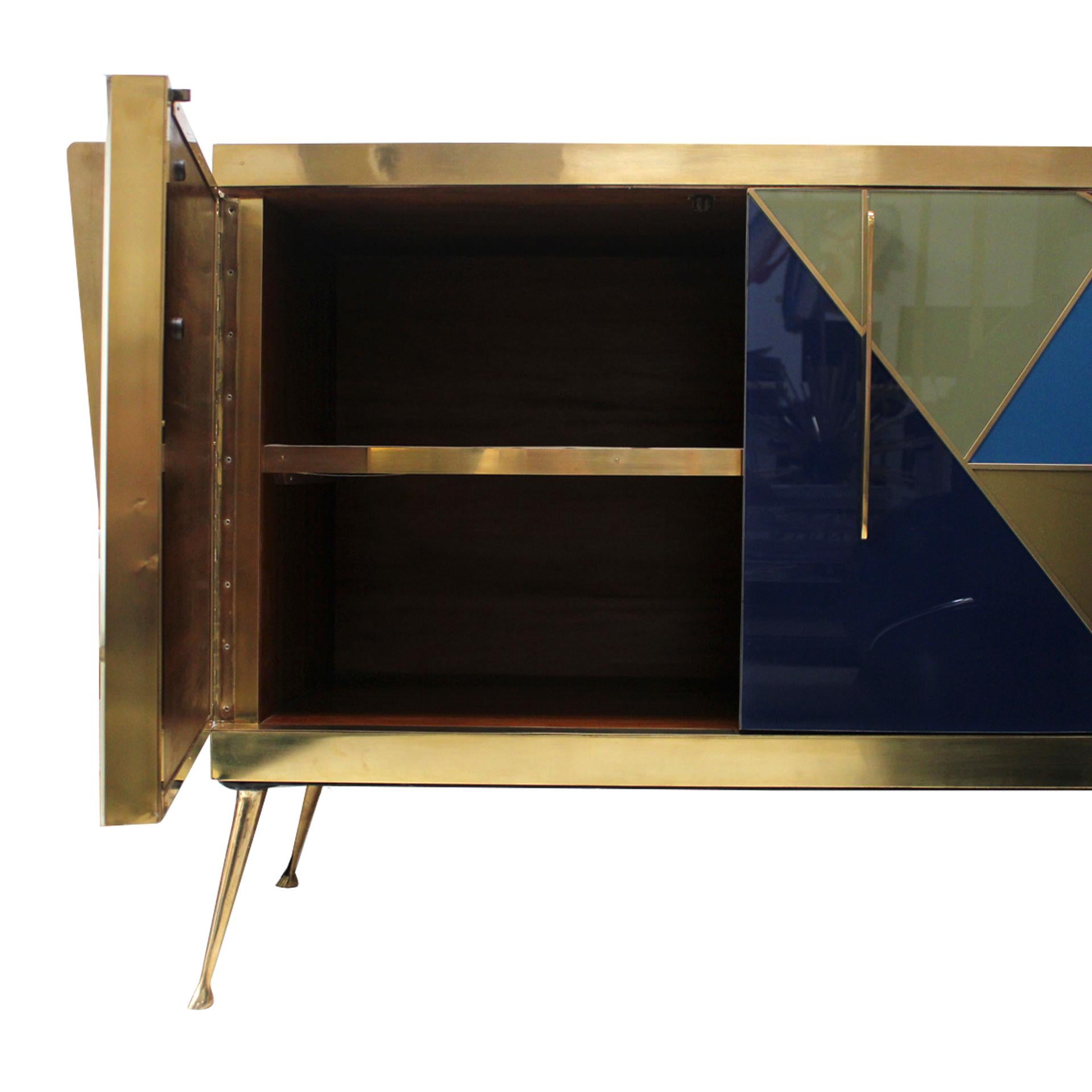 Mid-Century Modern Style Italian Sideboard Made of Wood Brass and Colored Glass For Sale 1