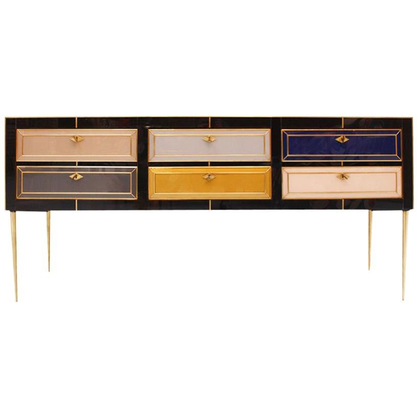 Mid-Century Modern Style Italian Sideboard Made of Wood Brass and Colored Glass