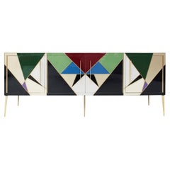 Vintage Mid-Century Modern Style Italian Sideboard Made of Wood Brass and Colored Glass