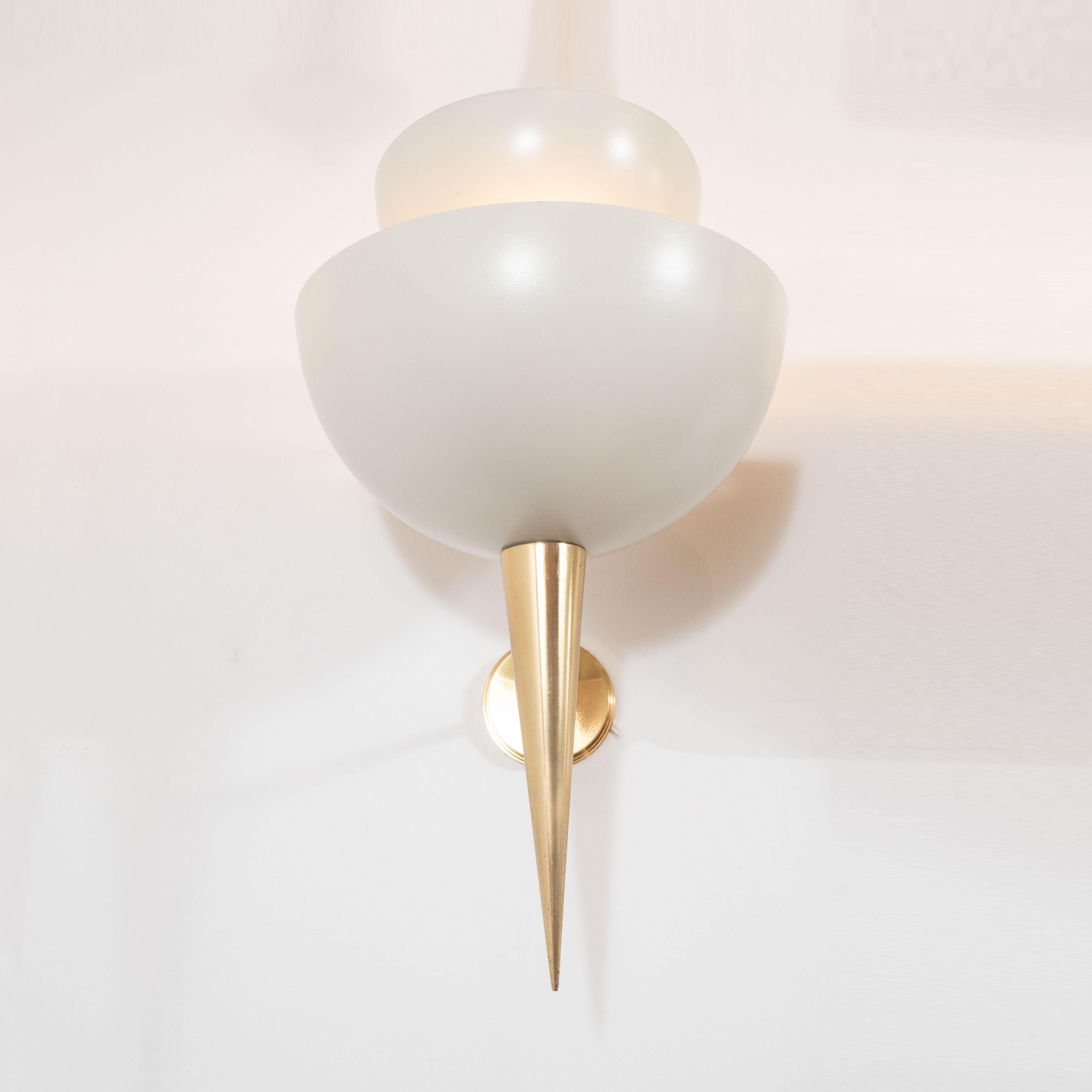 Pair of Soft White Powder-Coated Metal Cup and Brass Spear Sconces, Italy 2