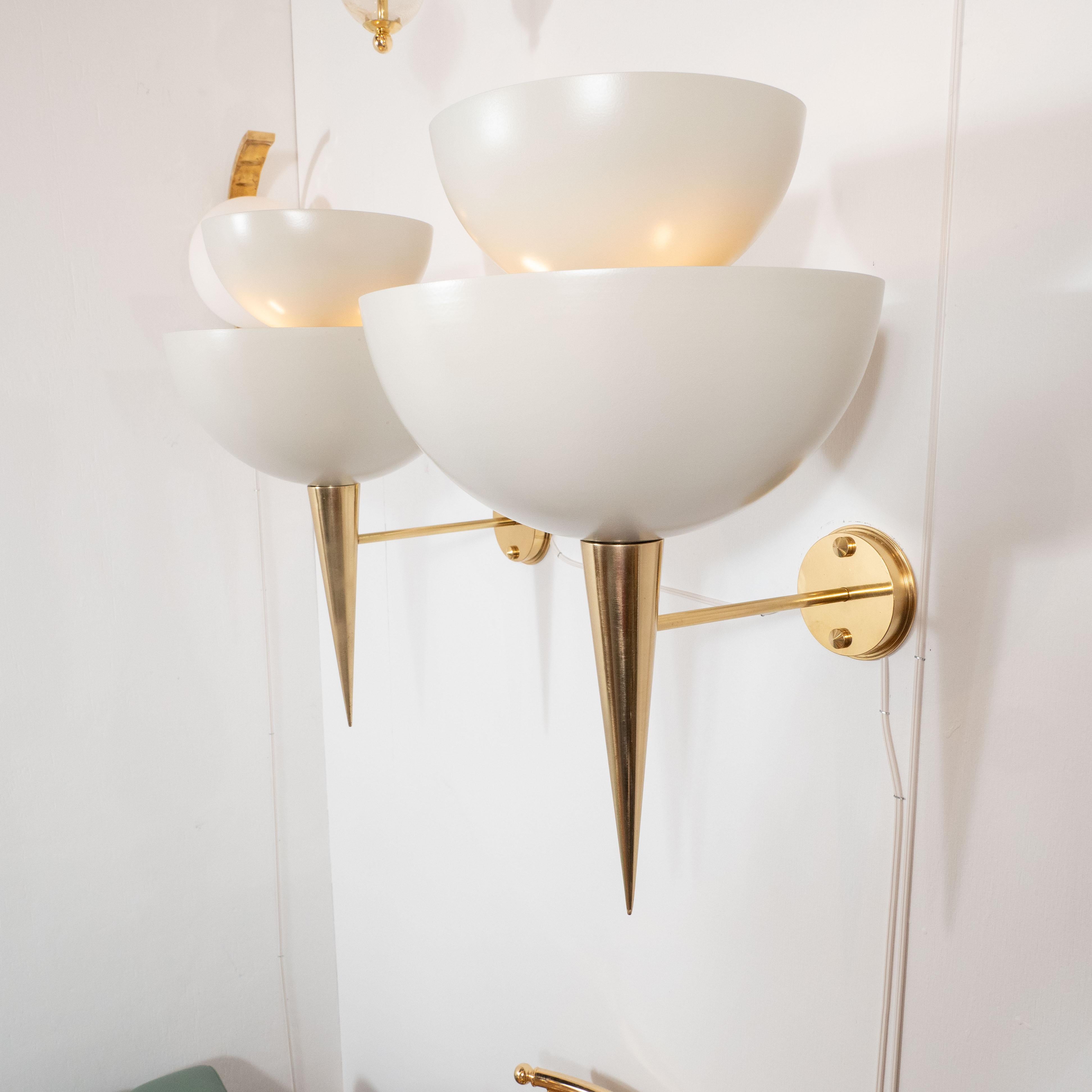 Pair of Soft White Powder-Coated Metal Cup and Brass Spear Sconces, Italy 3