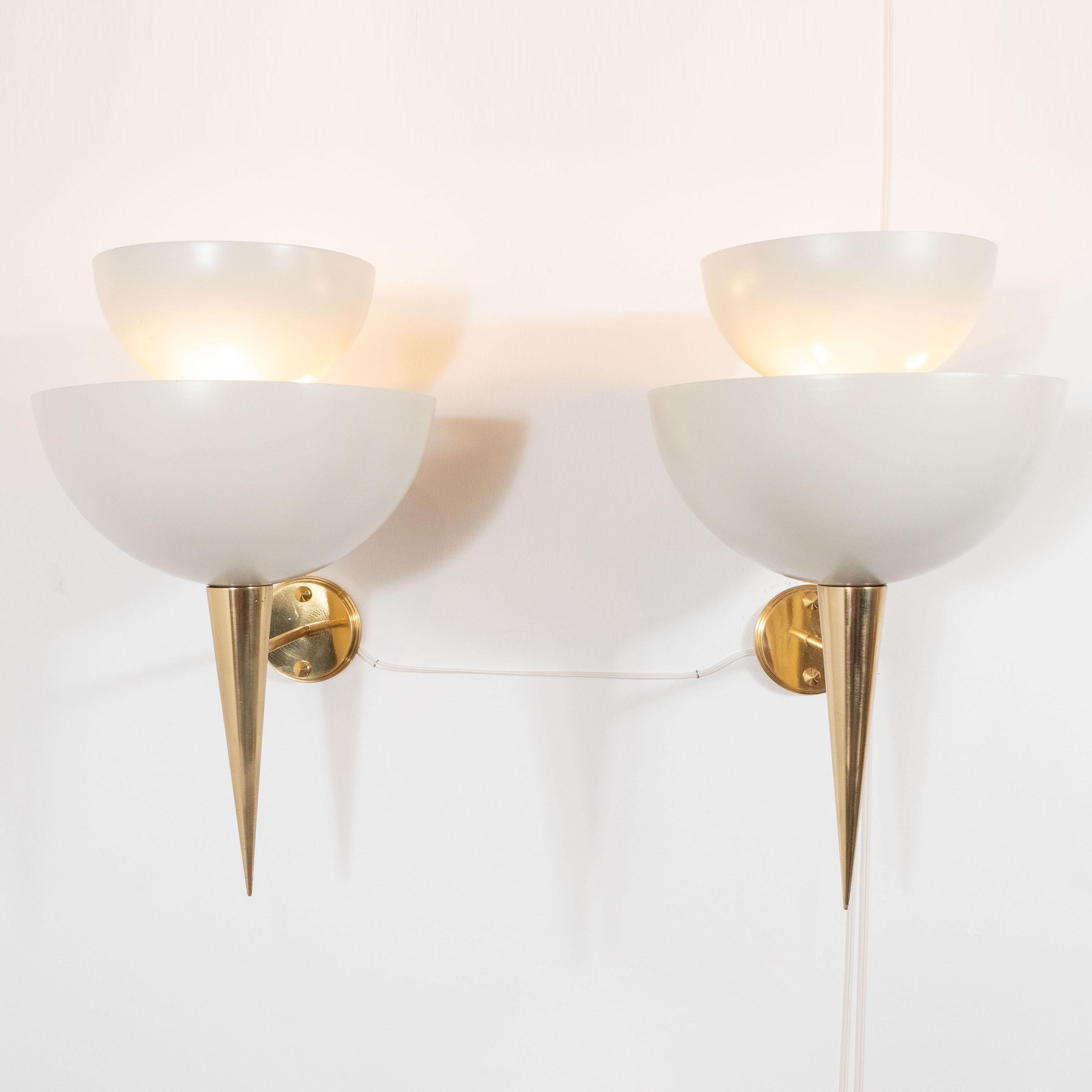 Mid-Century Modern Pair of Soft White Powder-Coated Metal Cup and Brass Spear Sconces, Italy